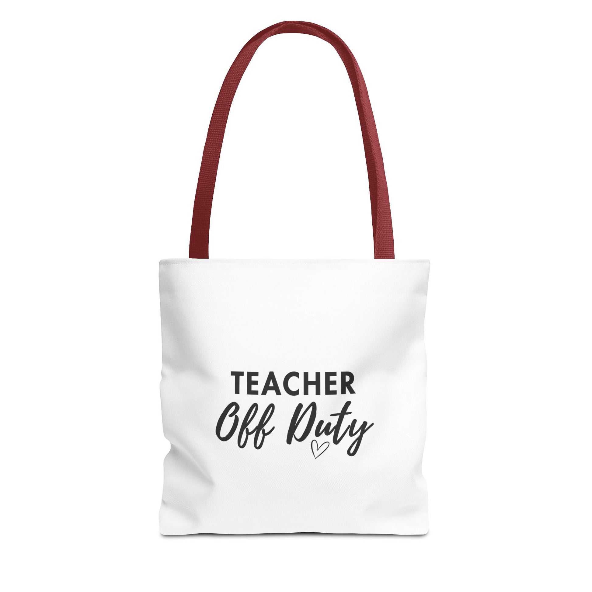 A white canvas tote bag with red handles and text 'TEACHER Off Duty', against a plain white background.