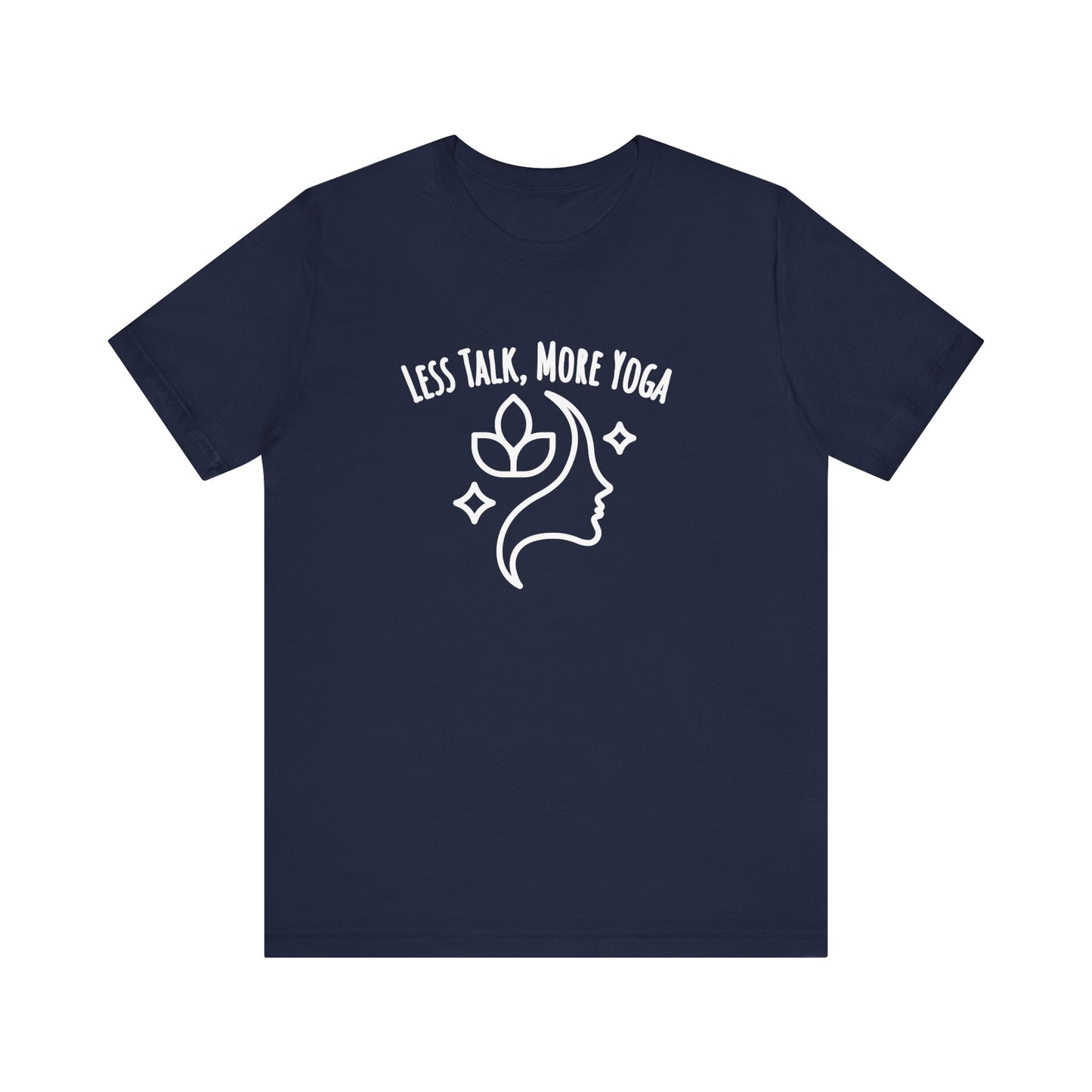 Navy blue t-shirt with white graphic and text 'LESS TALK, MORE YOGA' on a white background