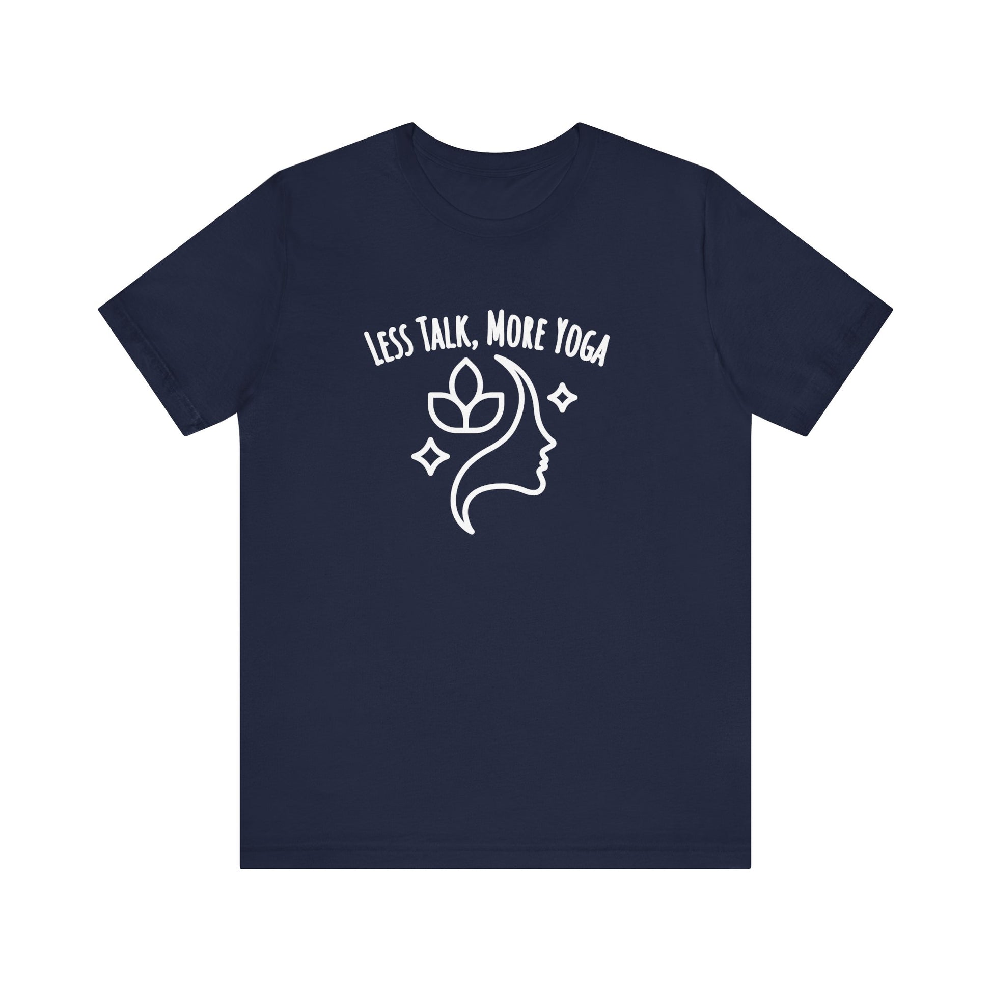 Navy blue t-shirt with white graphic and text 'LESS TALK, MORE YOGA' on a white background