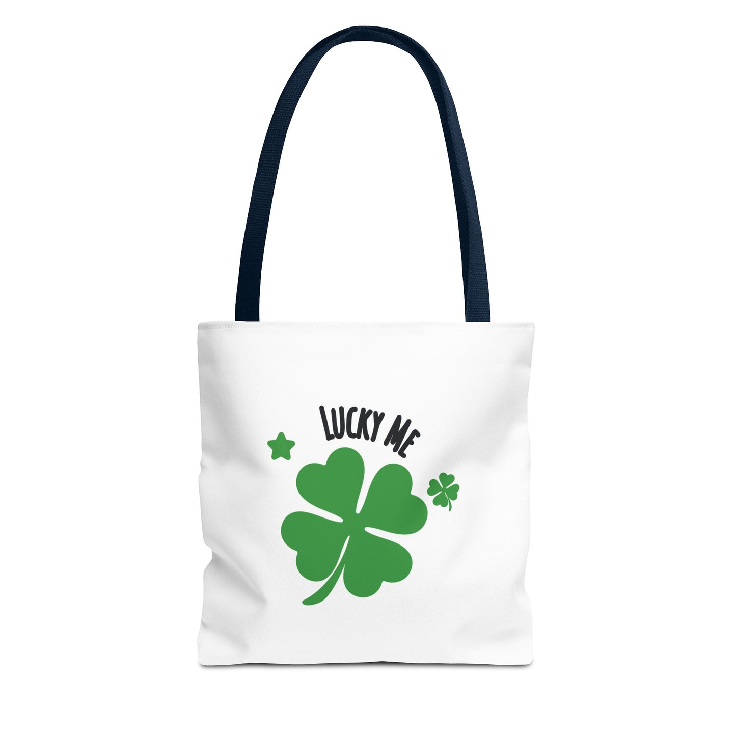 White tote bag with navy handle, featuring the text 'Lucky Me' and green four-leaf clover on a white background