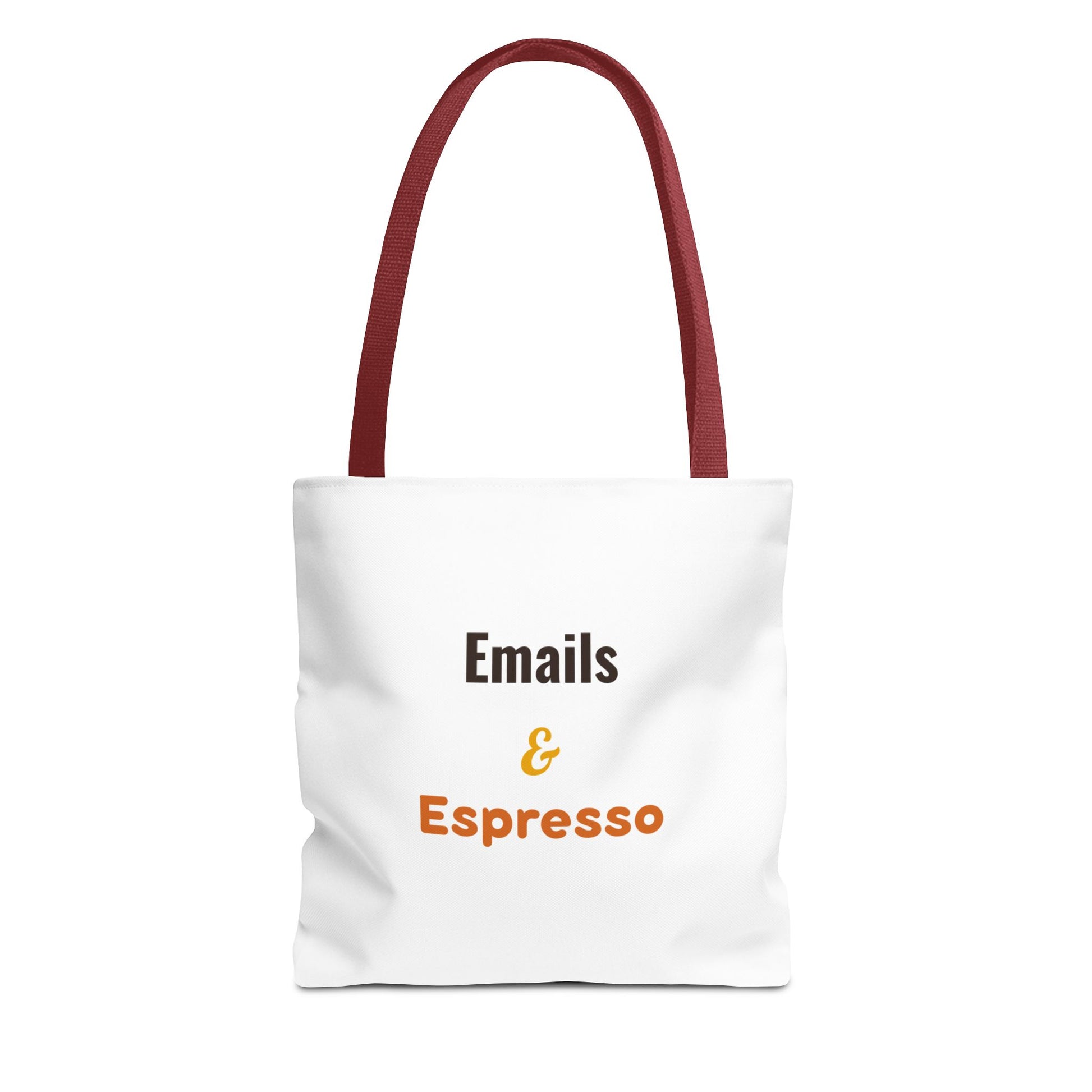 White tote bag with red handle and text 'Emails & Espresso' on a white background