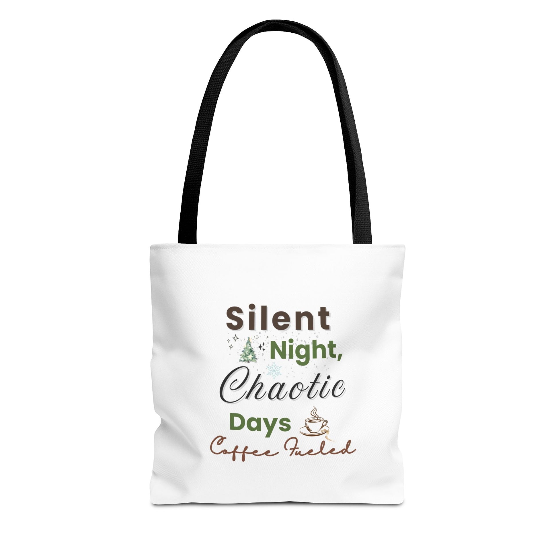 White tote bag with black handle featuring Christmas-themed text on a white background