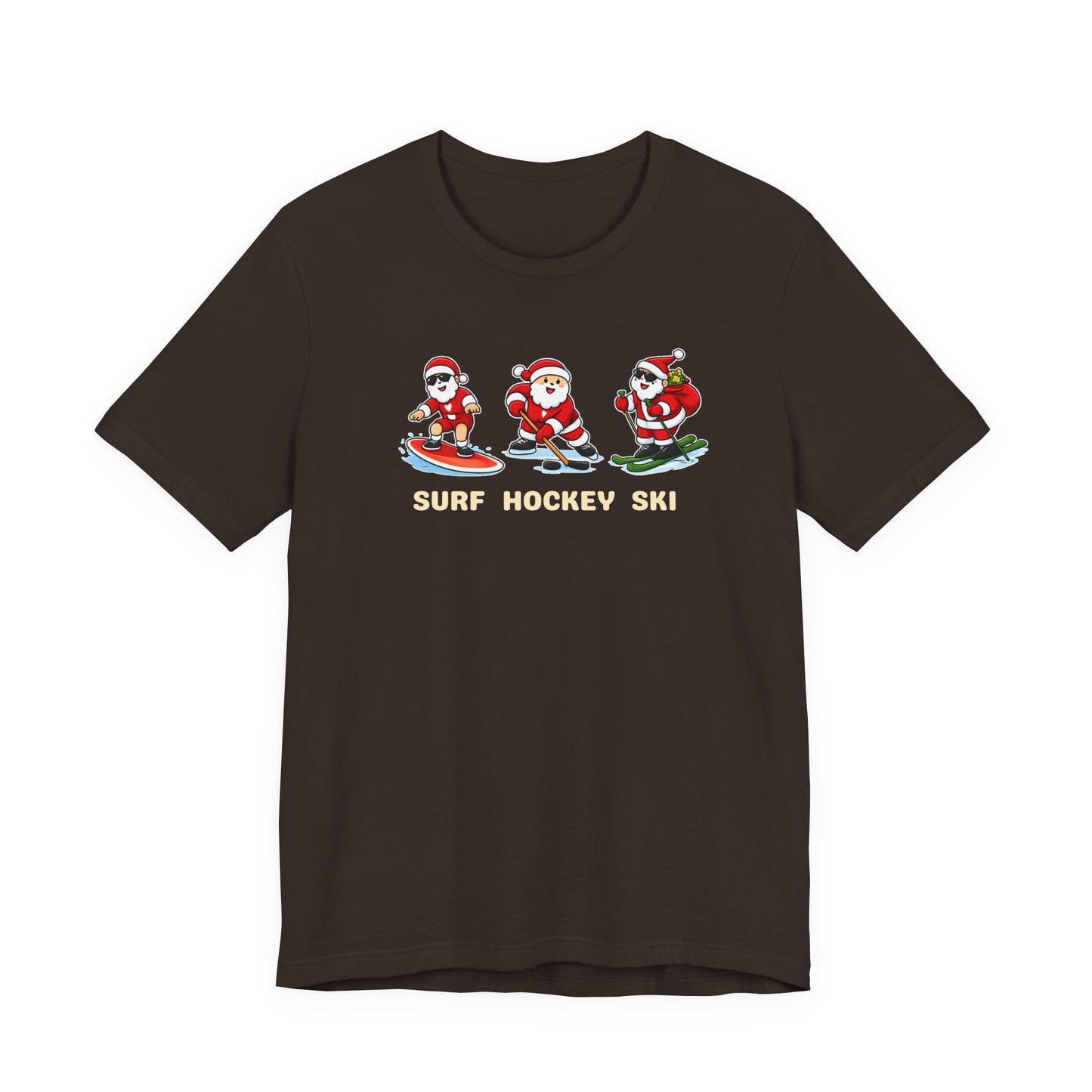 Brown t-shirt with Santa Claus graphics and 'Surf Hockey Ski' text on a white background