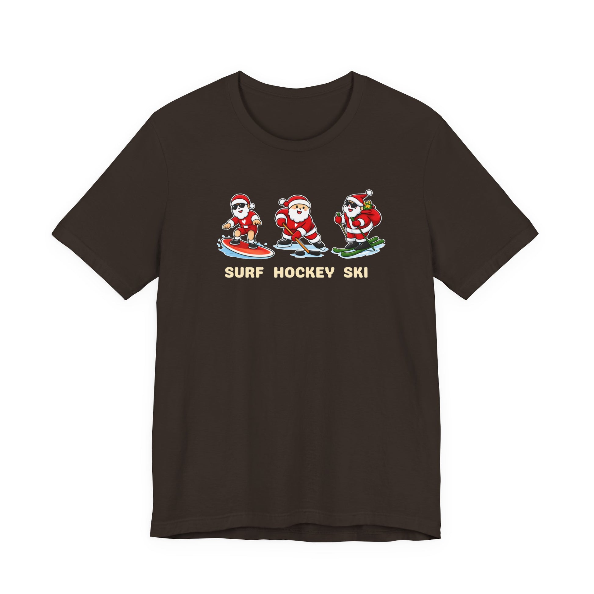 Brown t-shirt with Santa Claus graphics and 'Surf Hockey Ski' text on a white background