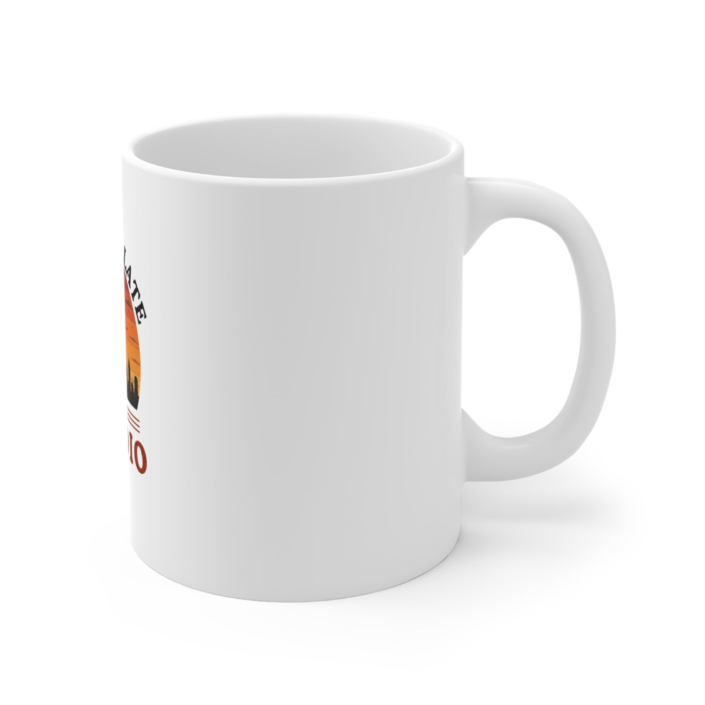 Right side view of a white mug with text 'Running Late Is My Cardio' against on the white background