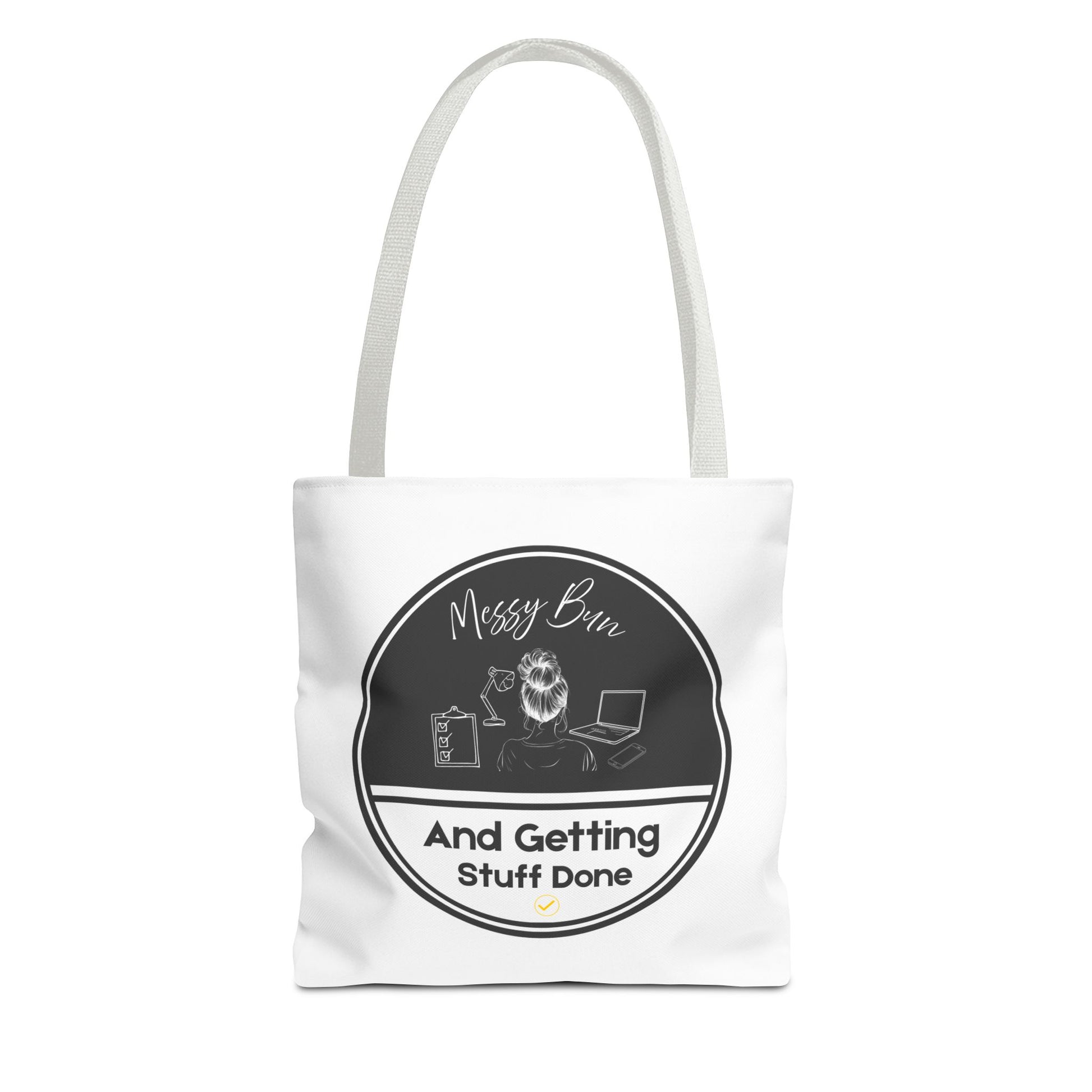 Messy bun tote bag with white handle
