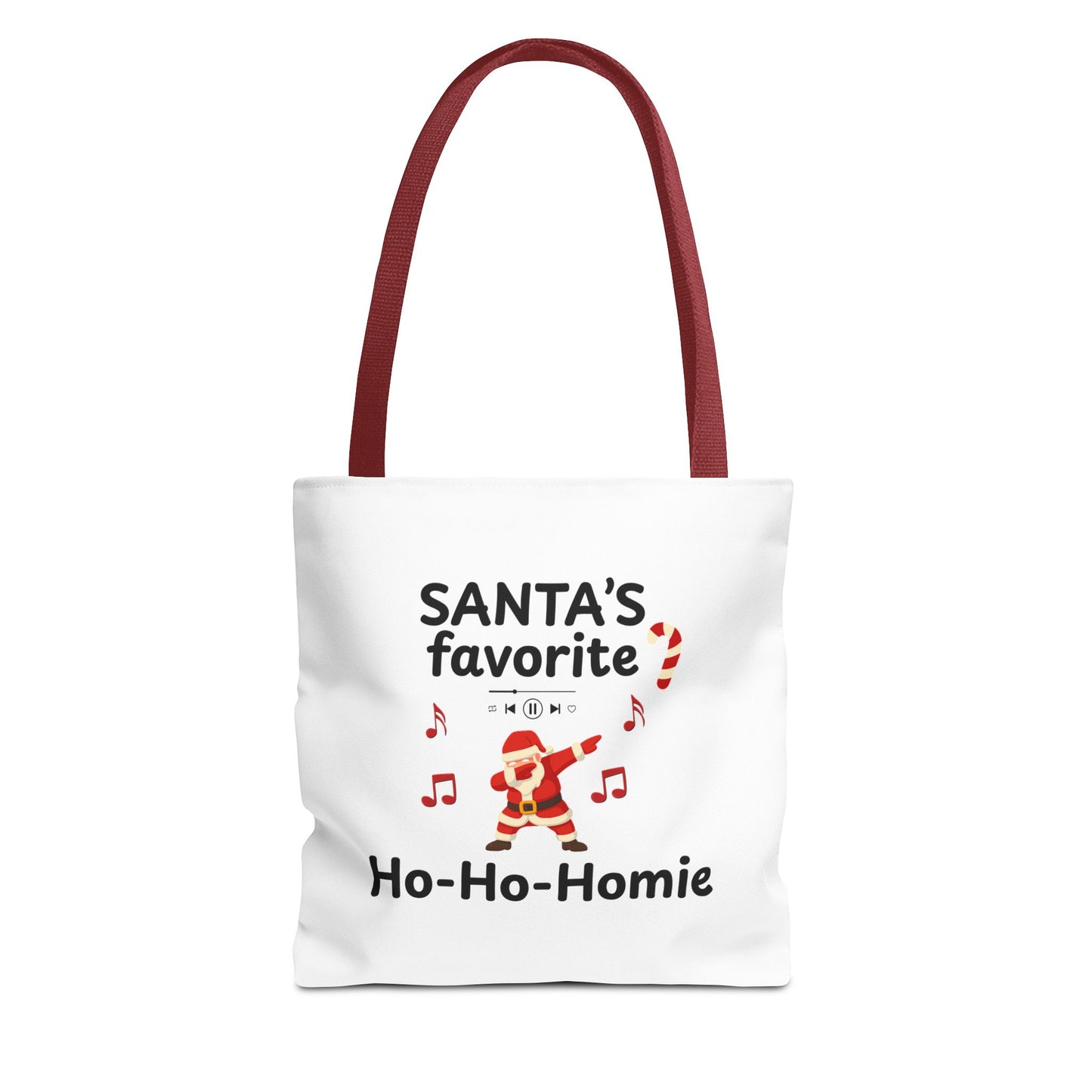 White tote bag with red handle featuring the text 'Santa's Favorite Ho-Ho-Homie' on a white background