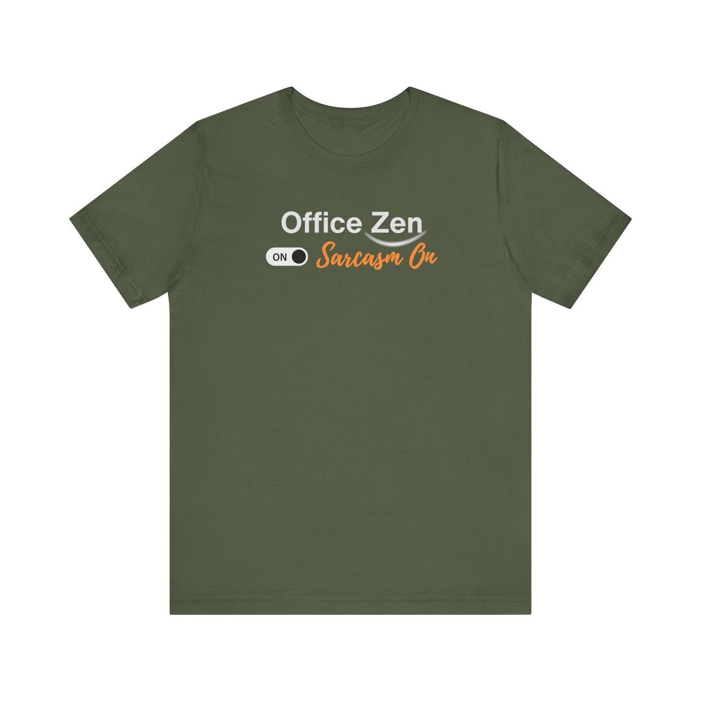 Green t-shirt with 'Office Zen' and 'Sarcasm On' text on a white background