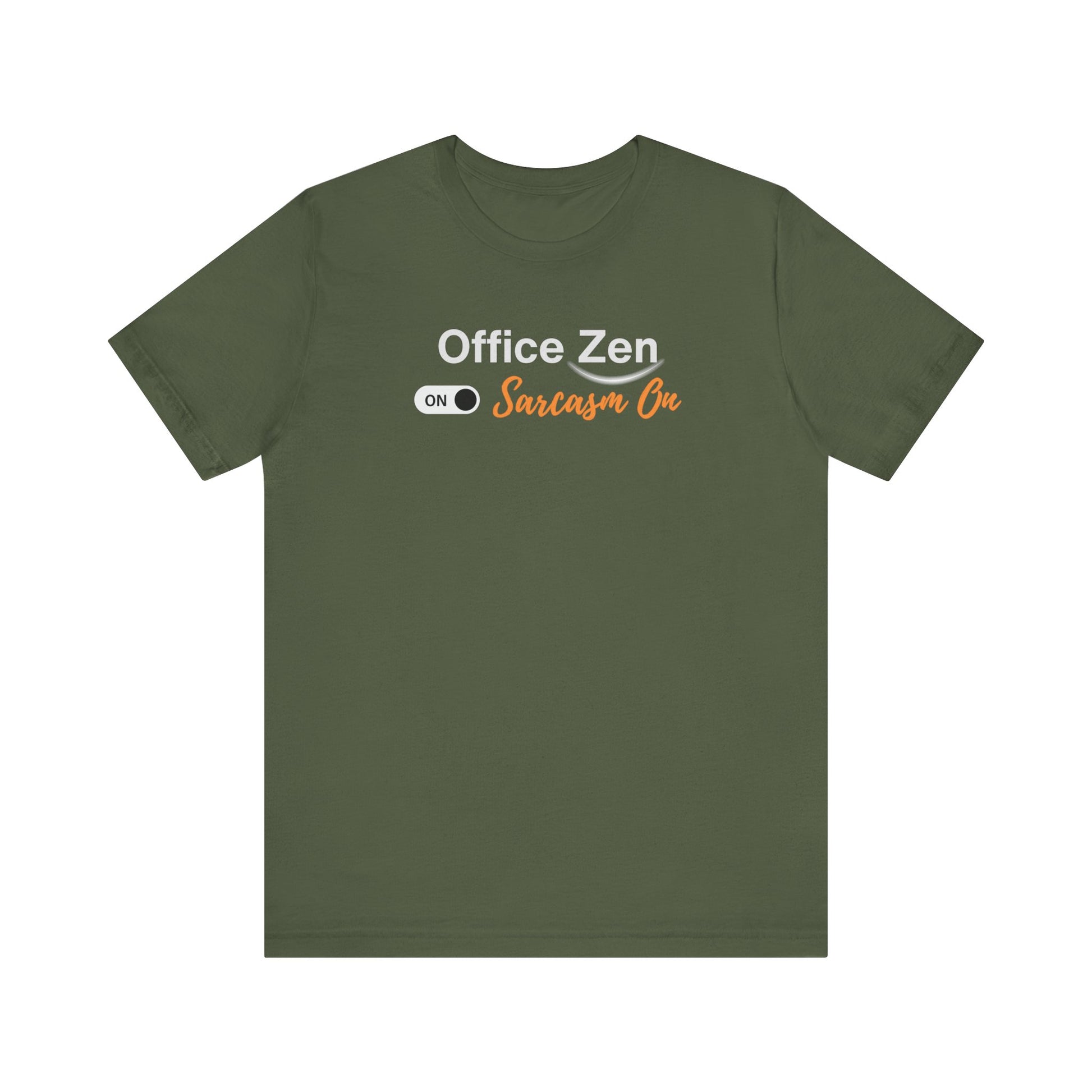 Green t-shirt with 'Office Zen' and 'Sarcasm On' text on a white background