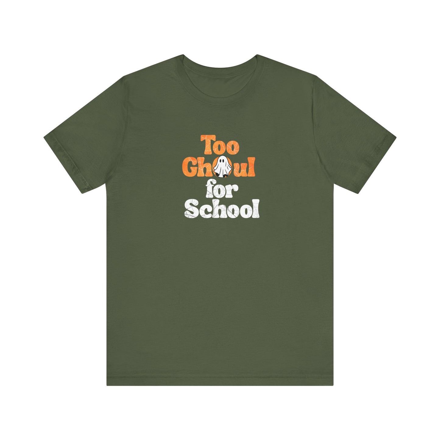 Green t-shirt with 'Too Ghoul for School' text and ghost graphic on a white background
