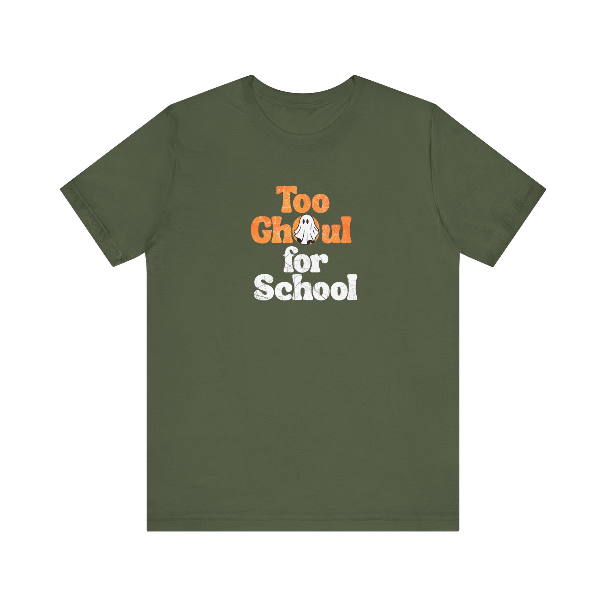 Green t-shirt with 'Too Ghoul for School' text and ghost graphic on a white background