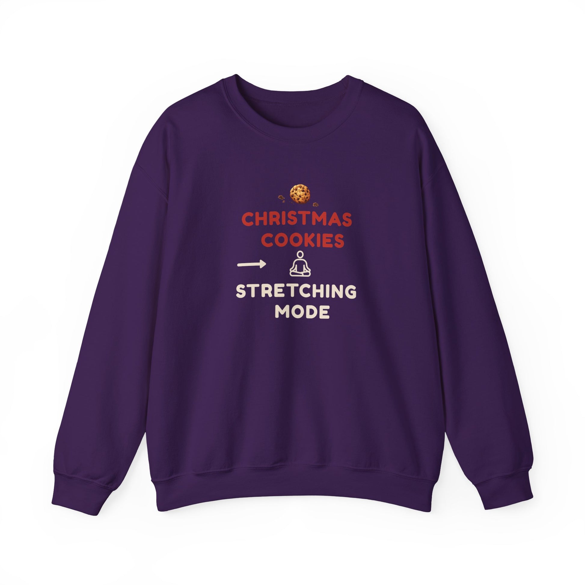 Purple sweatshirt with text 'Christmas Cookies, Stretching Mode' on a white background