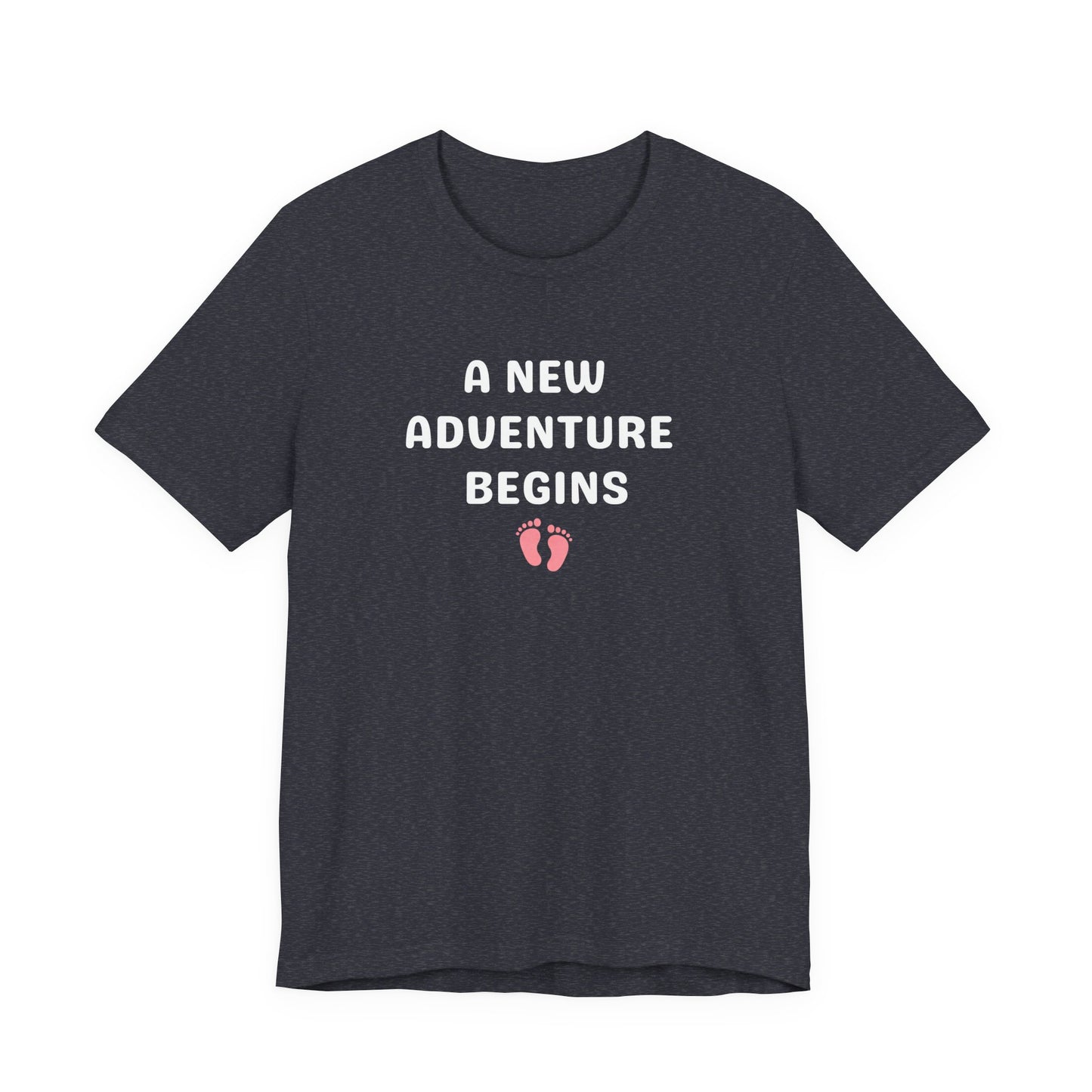 Heather navy t-shirt with 'A New Adventure Begins' text and footprints on a white background