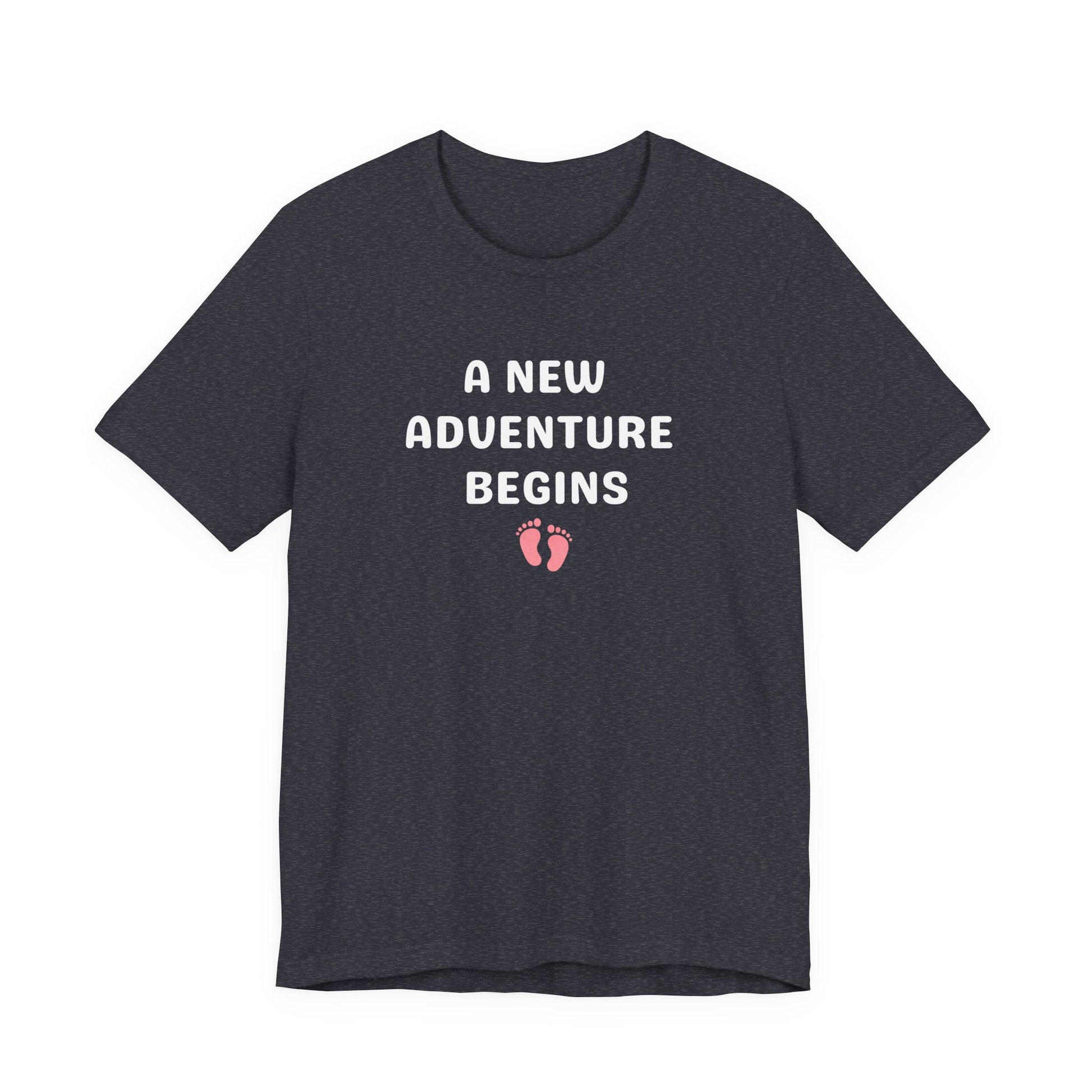 Heather navy t-shirt with 'A New Adventure Begins' text and footprints on a white background