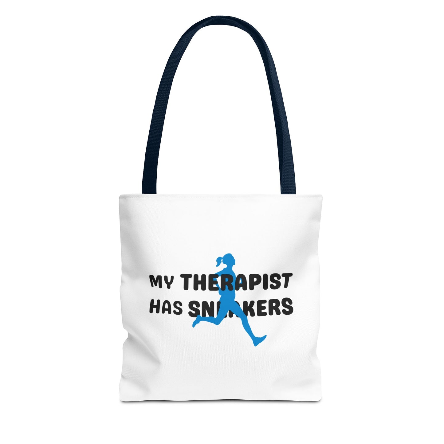 Tote bag with navy handle and text 'My Therapist Has Sneakers' on a white background