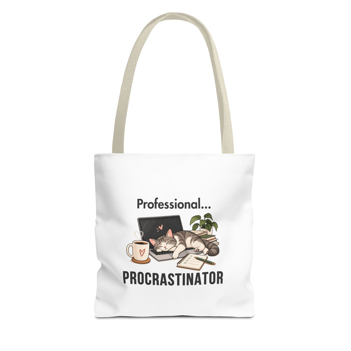A white tote bag with beige shoulder straps, featuring the text 'Professional Procrastinator'