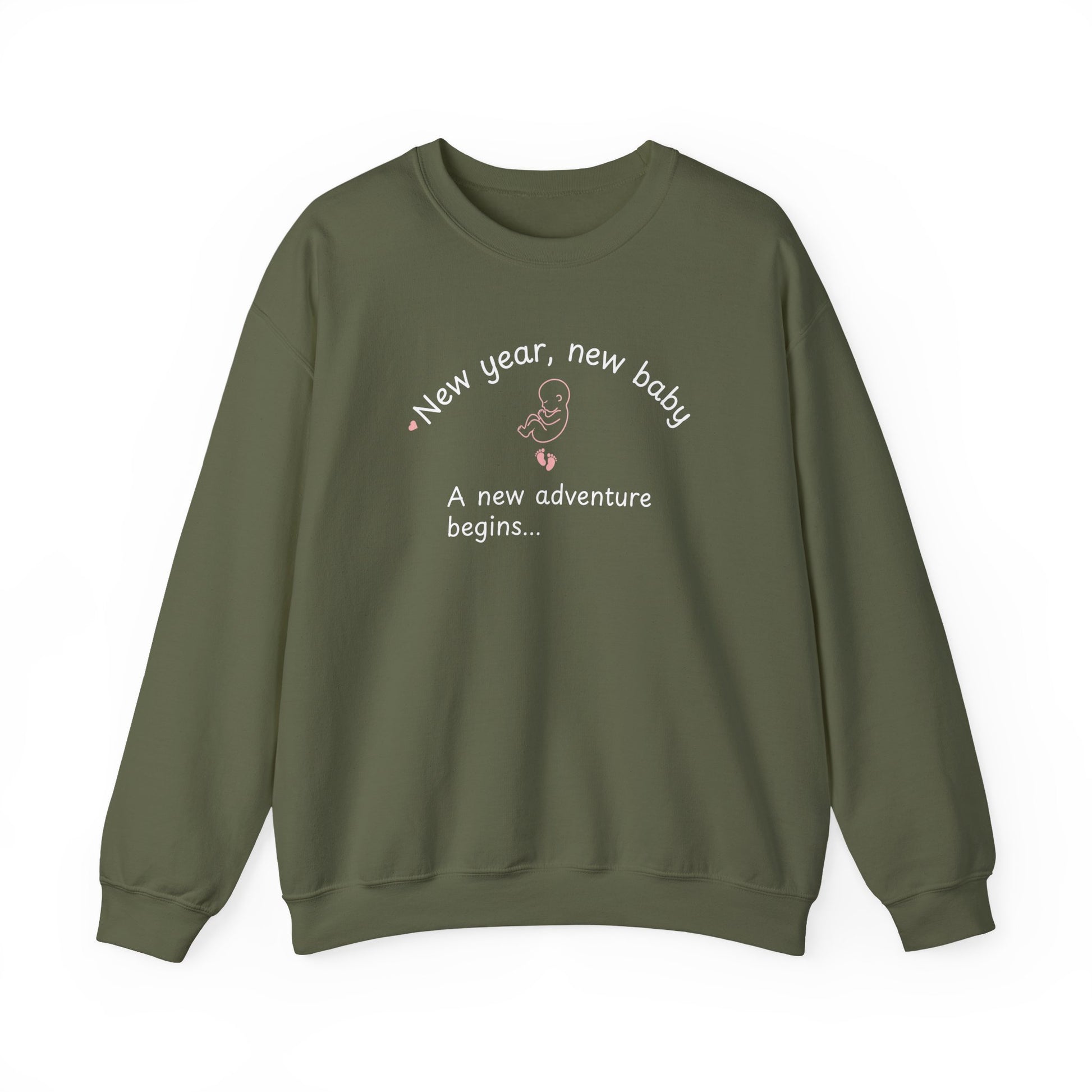 Military green sweatshirt featuring the text 'New year, new baby. A new adventure begins...' on the white background