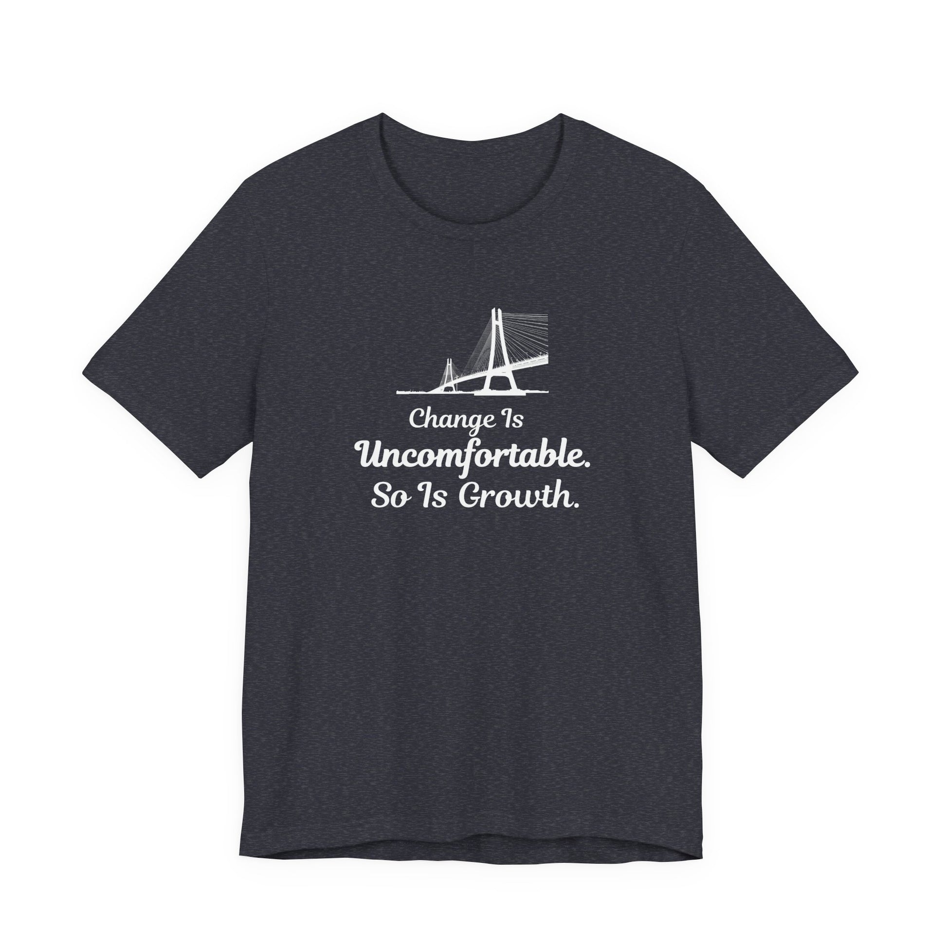 heather navy t-shirt with text 'Change Is Uncomfortable. So Is Growth' and graphic on a white background