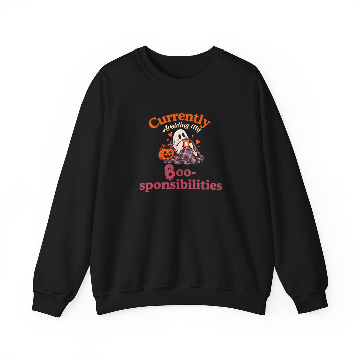 A black sweatshirt featuring a 'Currently Avoiding My Boo-sponsibilities' graphic in orange and pink text, accompanied by a ghost, pumpkin.