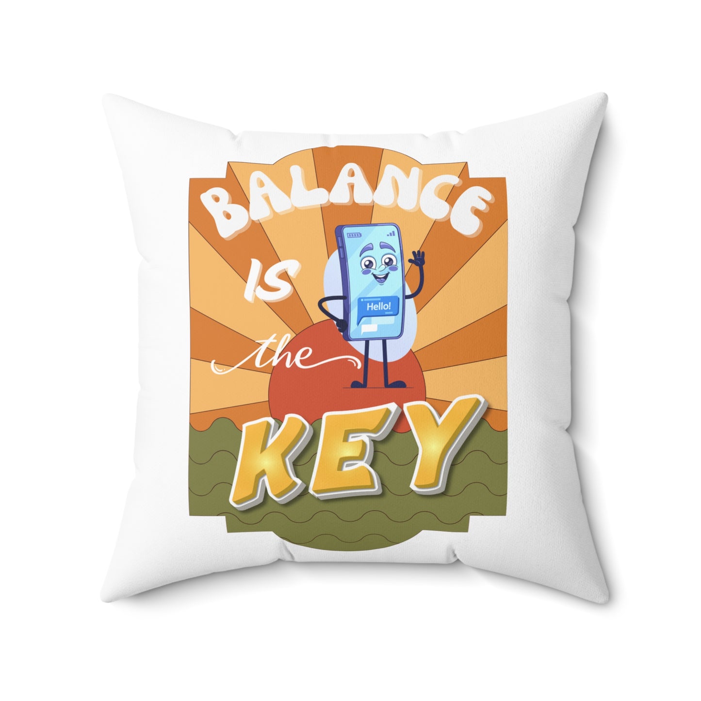 Pillow with cartoon character and 'Balance is the Key' text on a white background