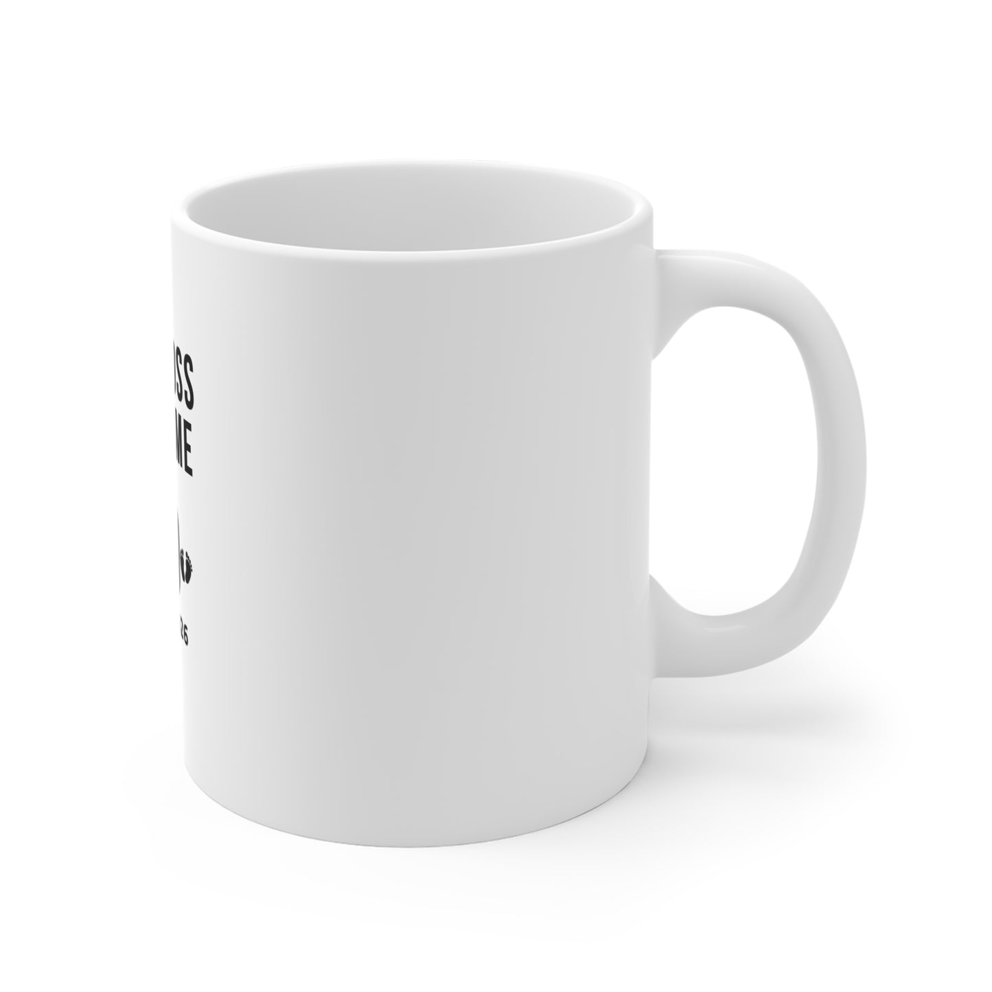 Right side of a white mug with text 'MINI BOSS CALLS ME DAD since 2026' on a white background