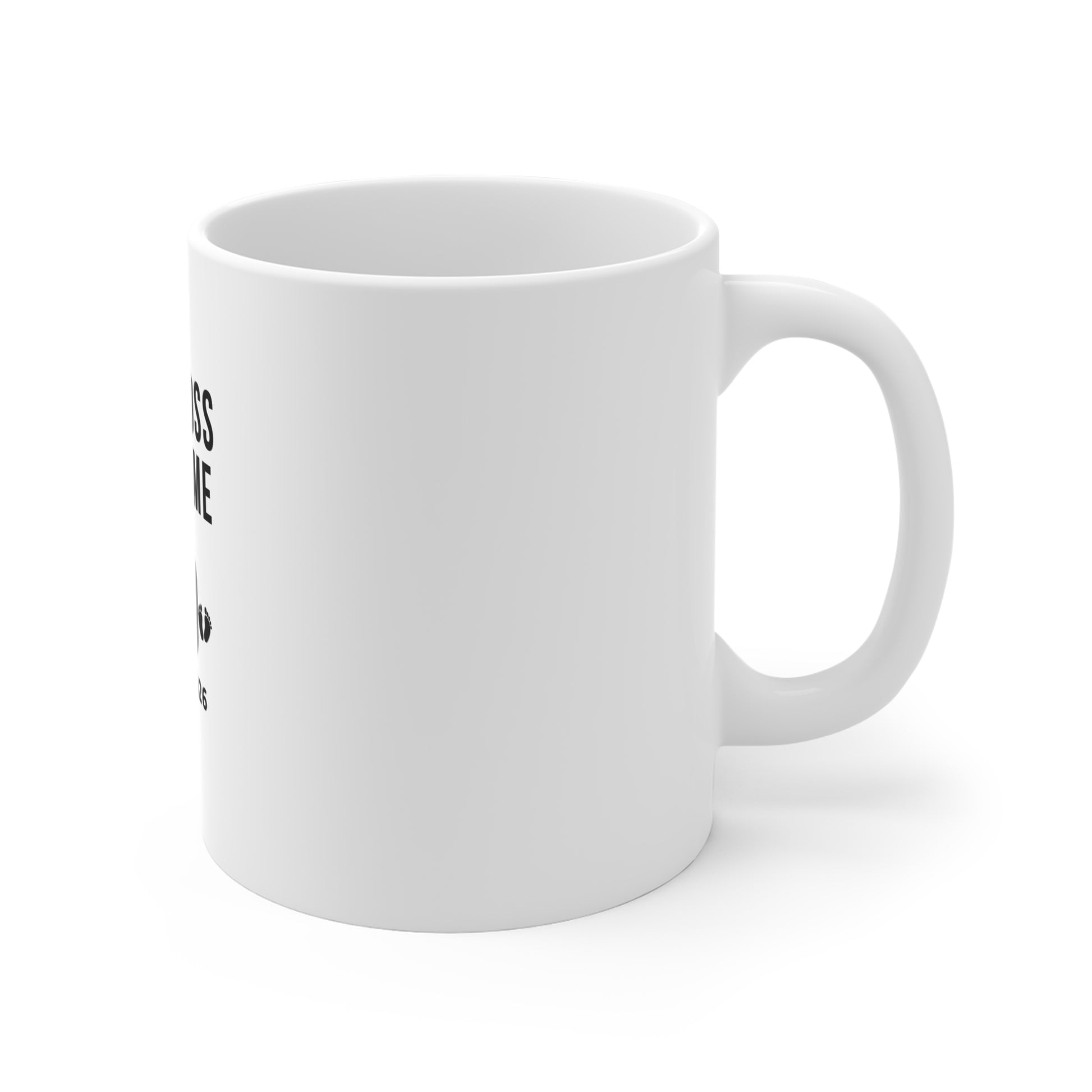 Right side of a white mug with text 'MINI BOSS CALLS ME DAD since 2026' on a white background