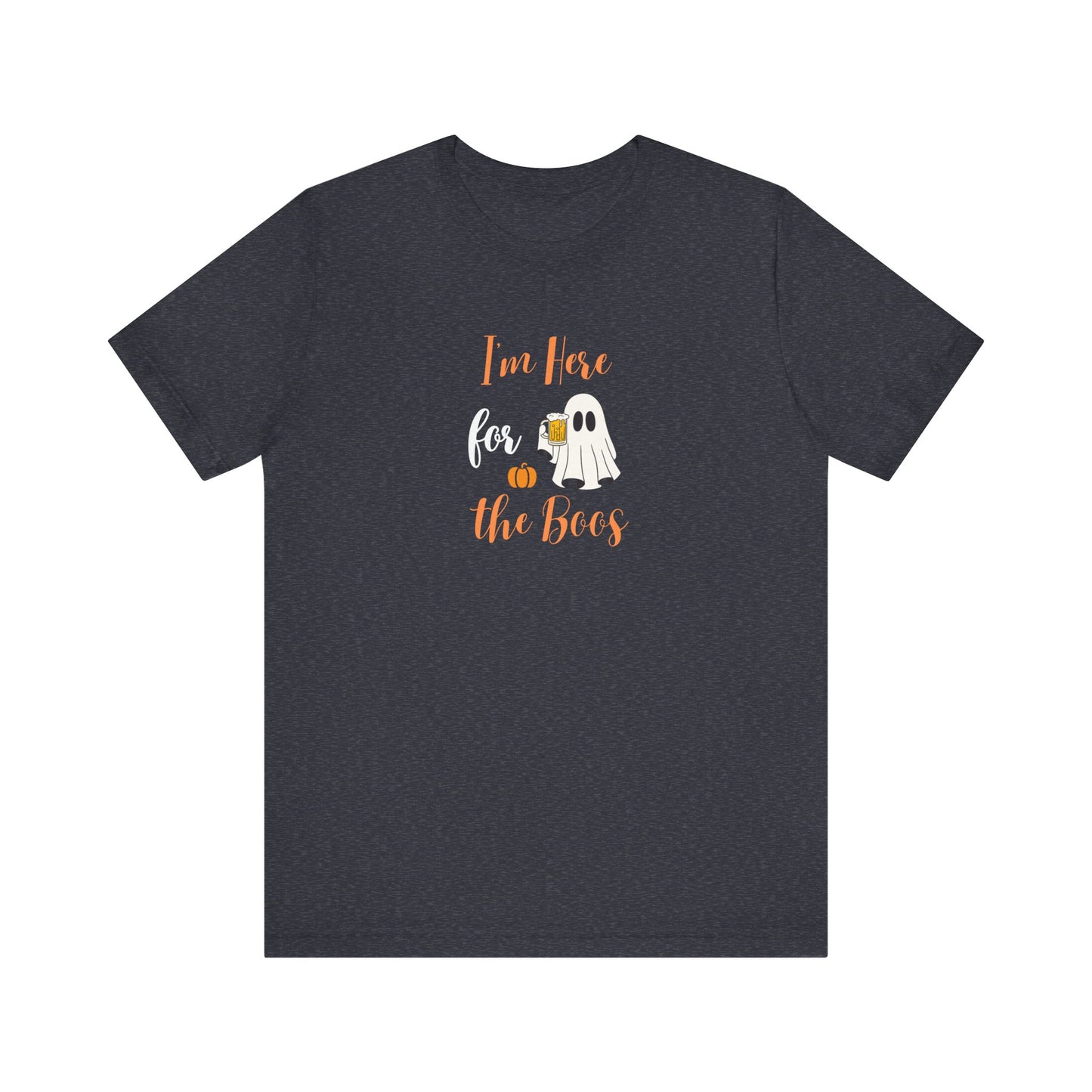 Navy blue t-shirt with Halloween-themed text and ghost graphic on a white background