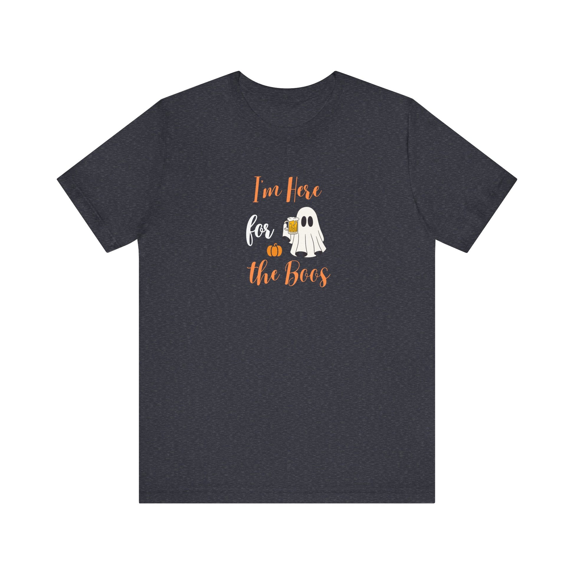 Navy blue t-shirt with Halloween-themed text and ghost graphic on a white background