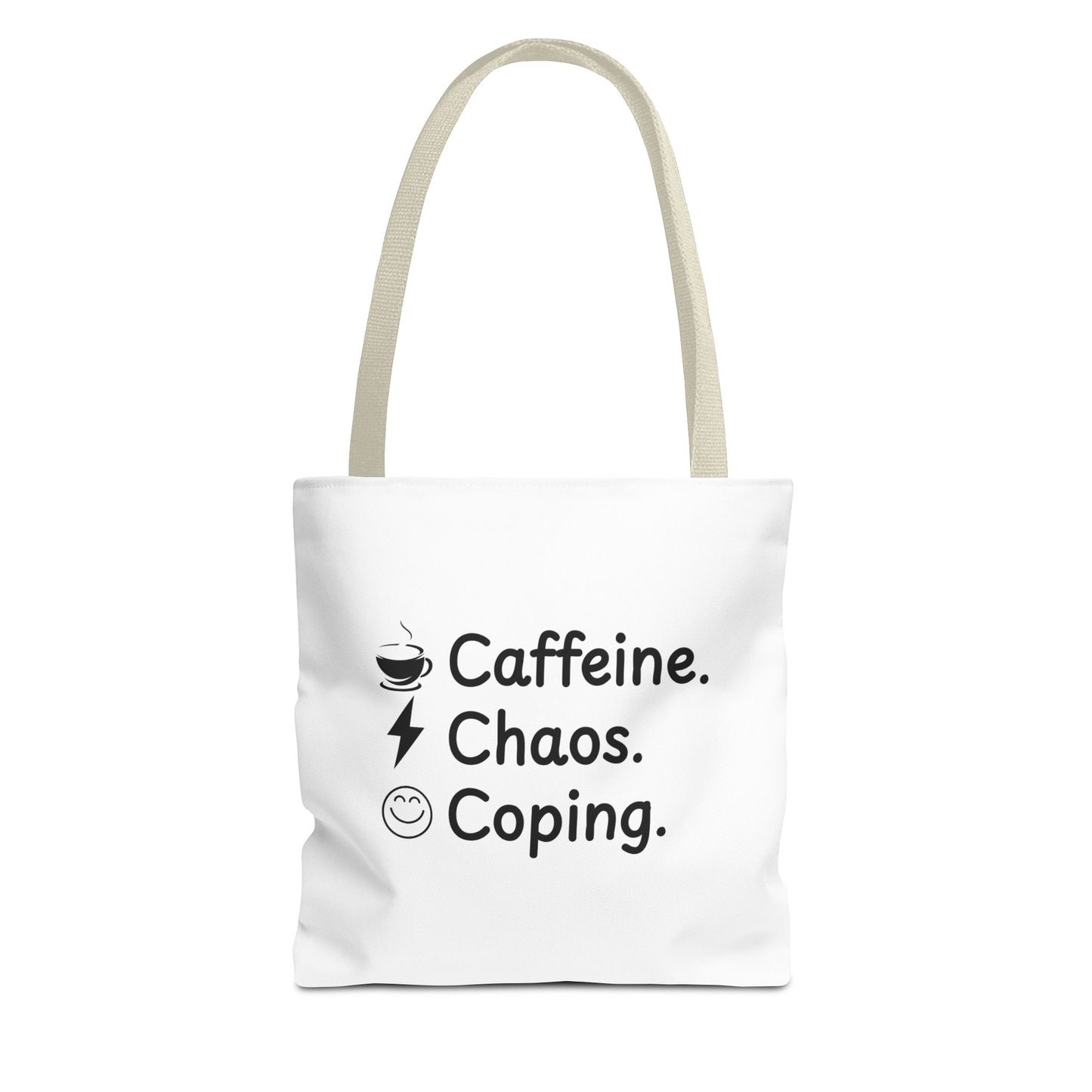 White tote bag with beige handle and text 'Caffeine, Chaos & Coping' on a white background