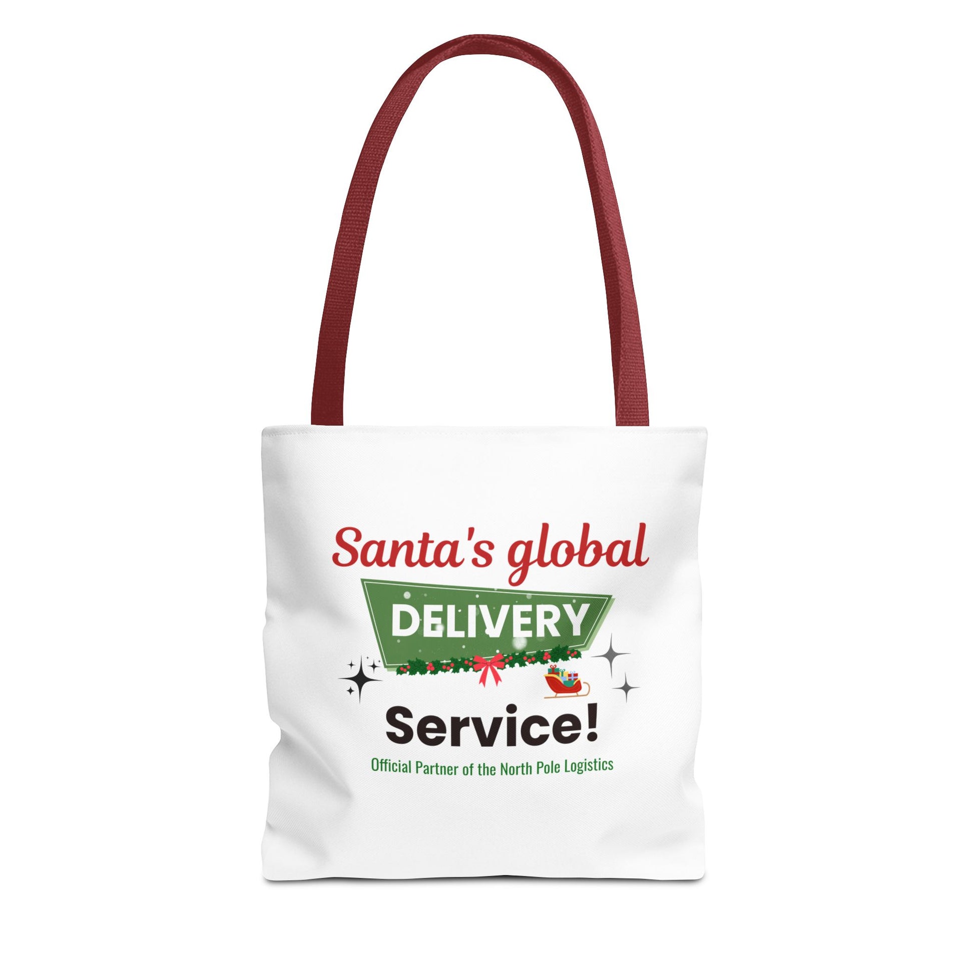 Tote bag with red handle and 'Santa's global delivery service' text on a white background