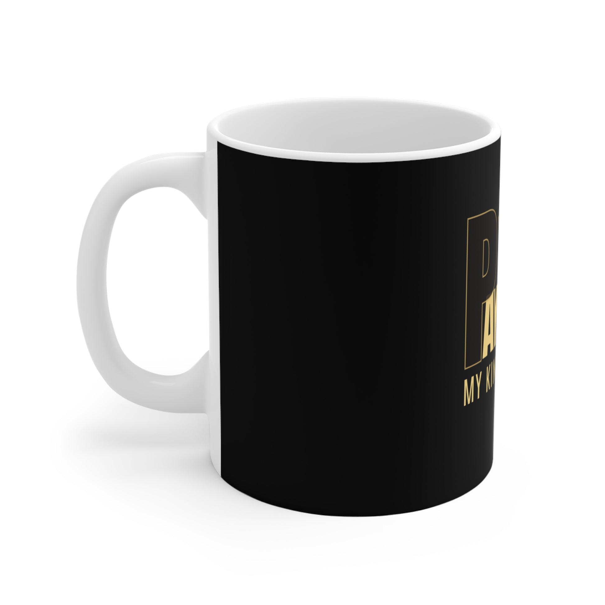 Left side view of black mug with gold text on a white background