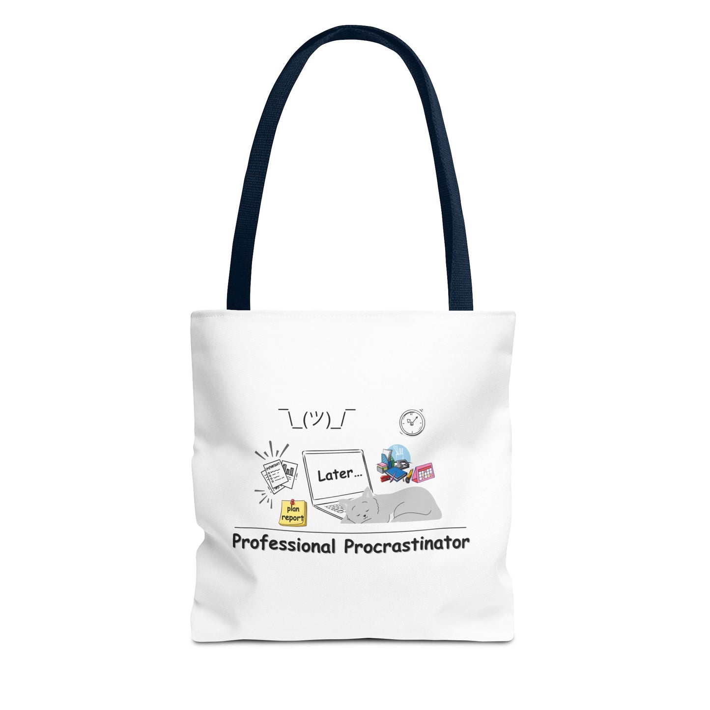 Professional procrastination tote bag design with navy handle