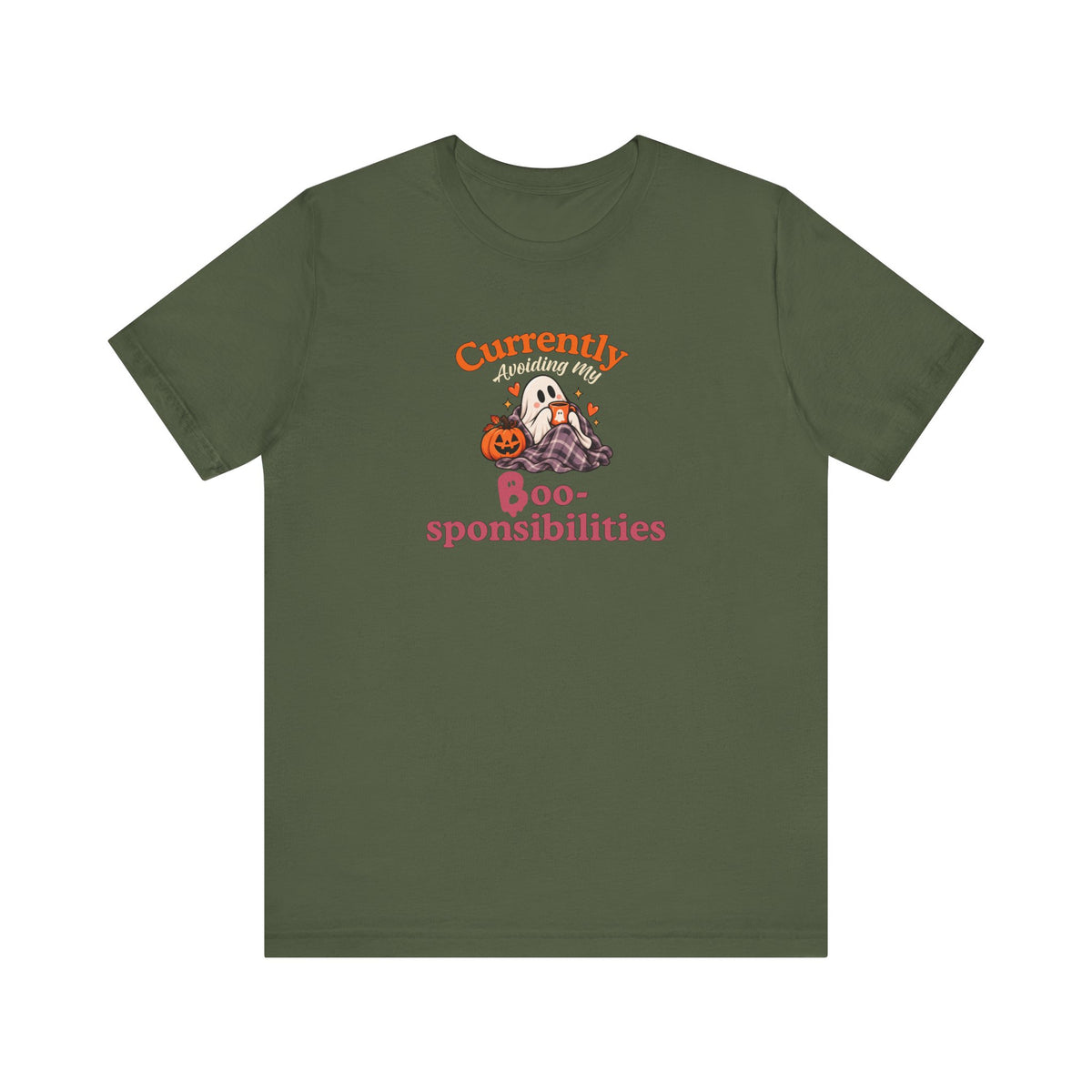 A military green t-shirt featuring a 'Currently Avoiding My Boo-sponsibilities' graphic with a ghost and a pumpkin on the white background