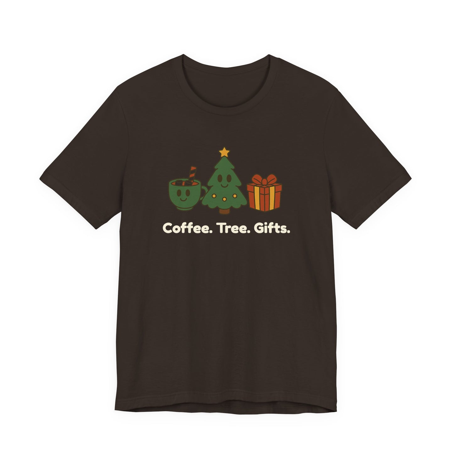 Black t-shirt with Christmas-themed graphics and text 'Coffee. Tree. Gifts.' on a white background