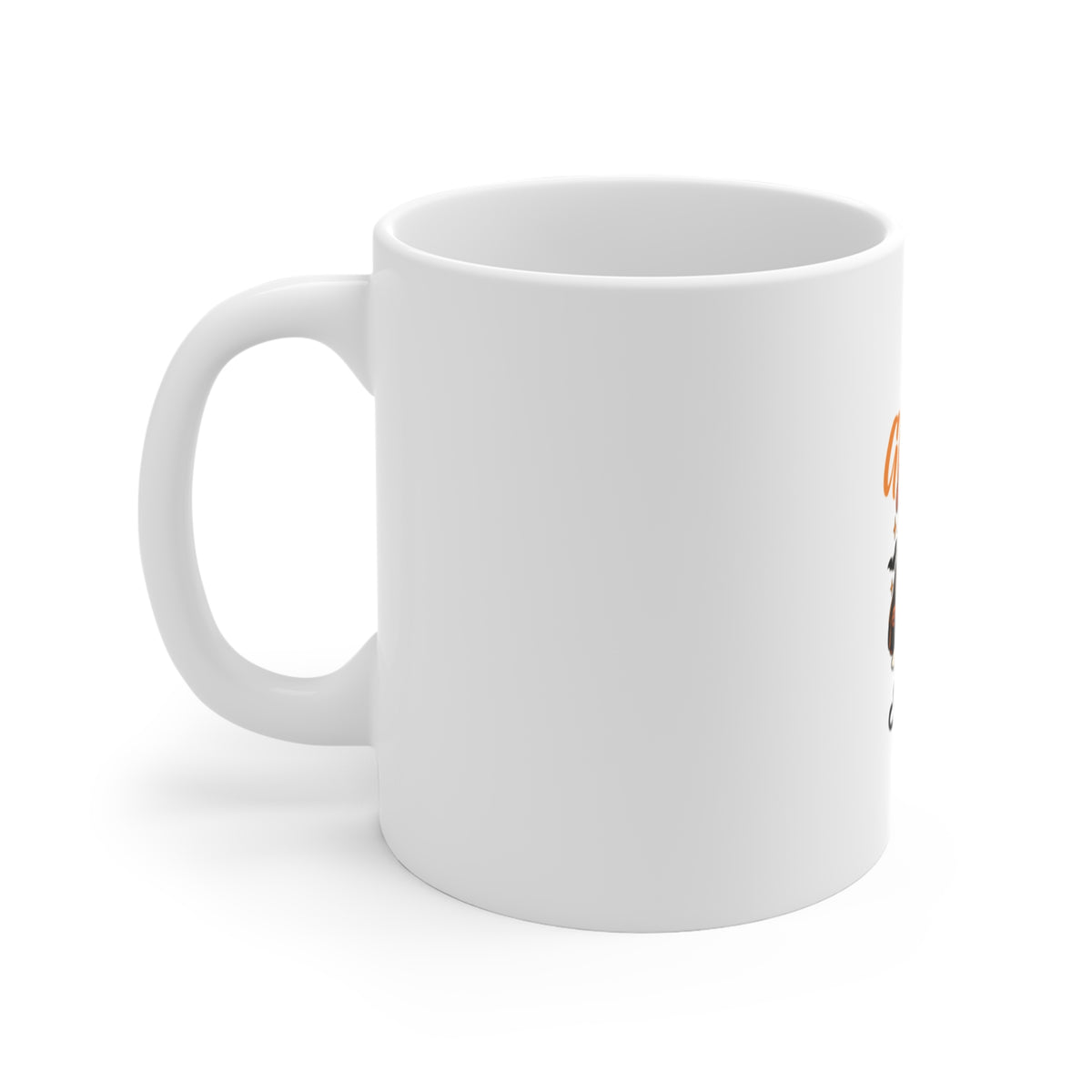 Left side of a white ceramic mug featuring the text 'Too Ghoul for School' with a ghost holding books and coffee