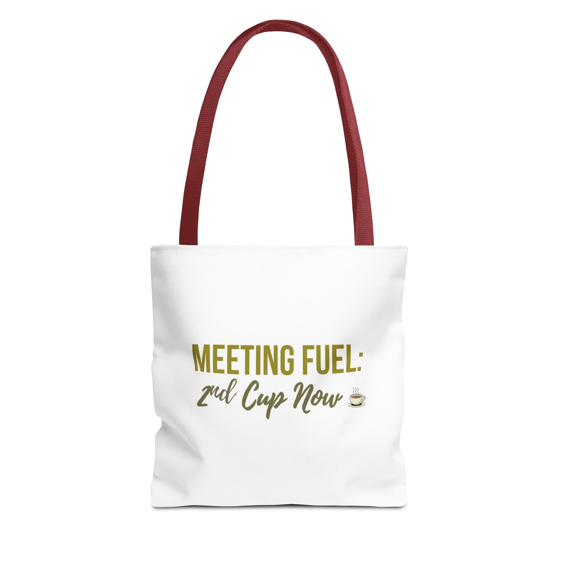 White tote bag with red handles and text 'Meeting Fuel: 2nd Cup Now' on a white background