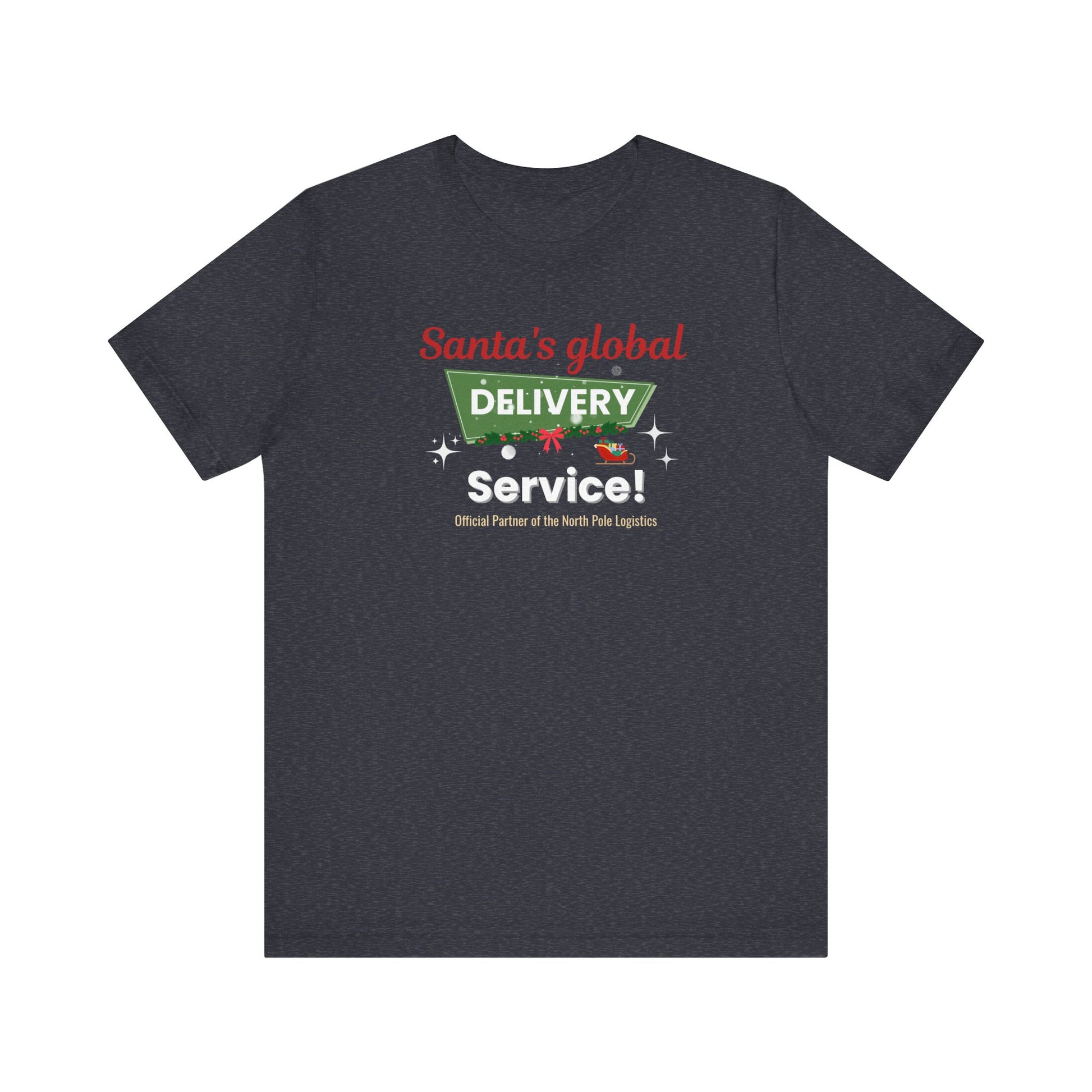Navy t-shirt with 'Santa's Global Delivery Service.' text on a white background