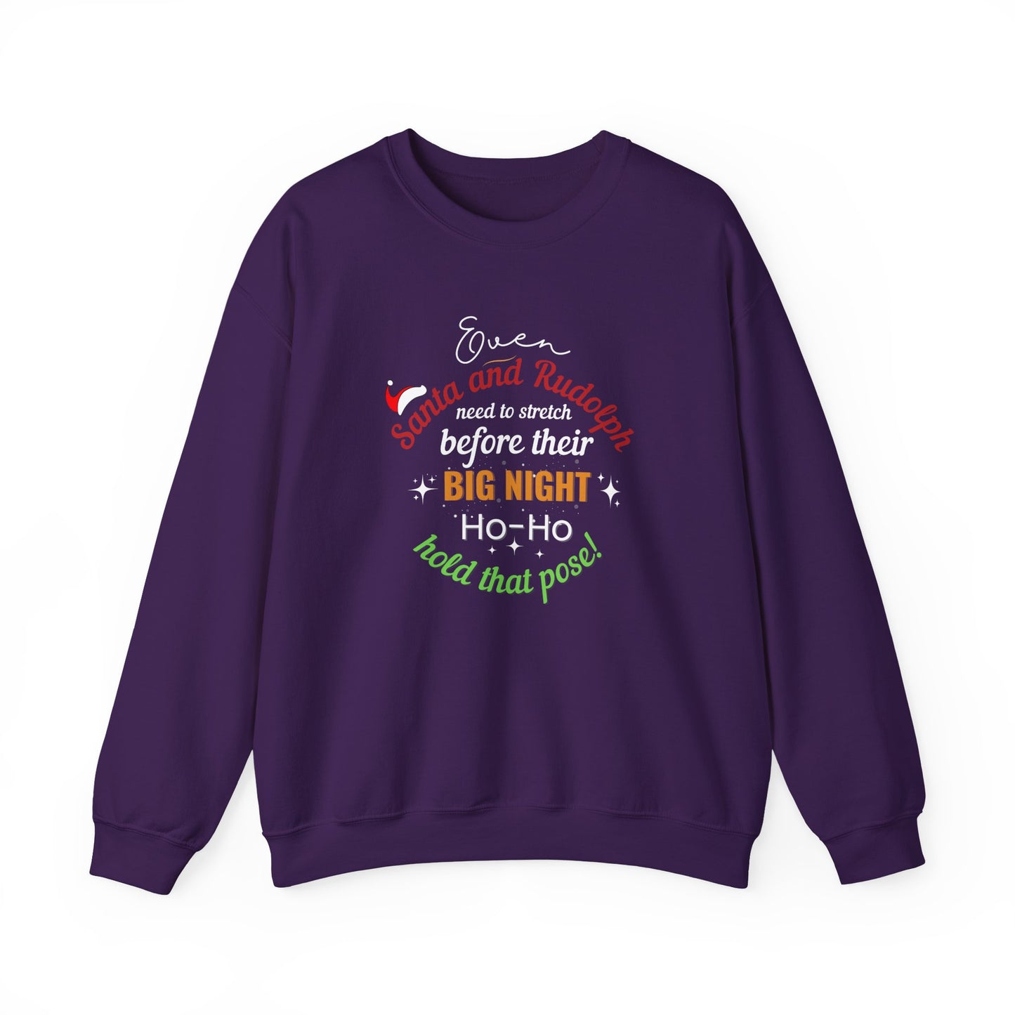 Purple sweatshirt with festive text design on a white background