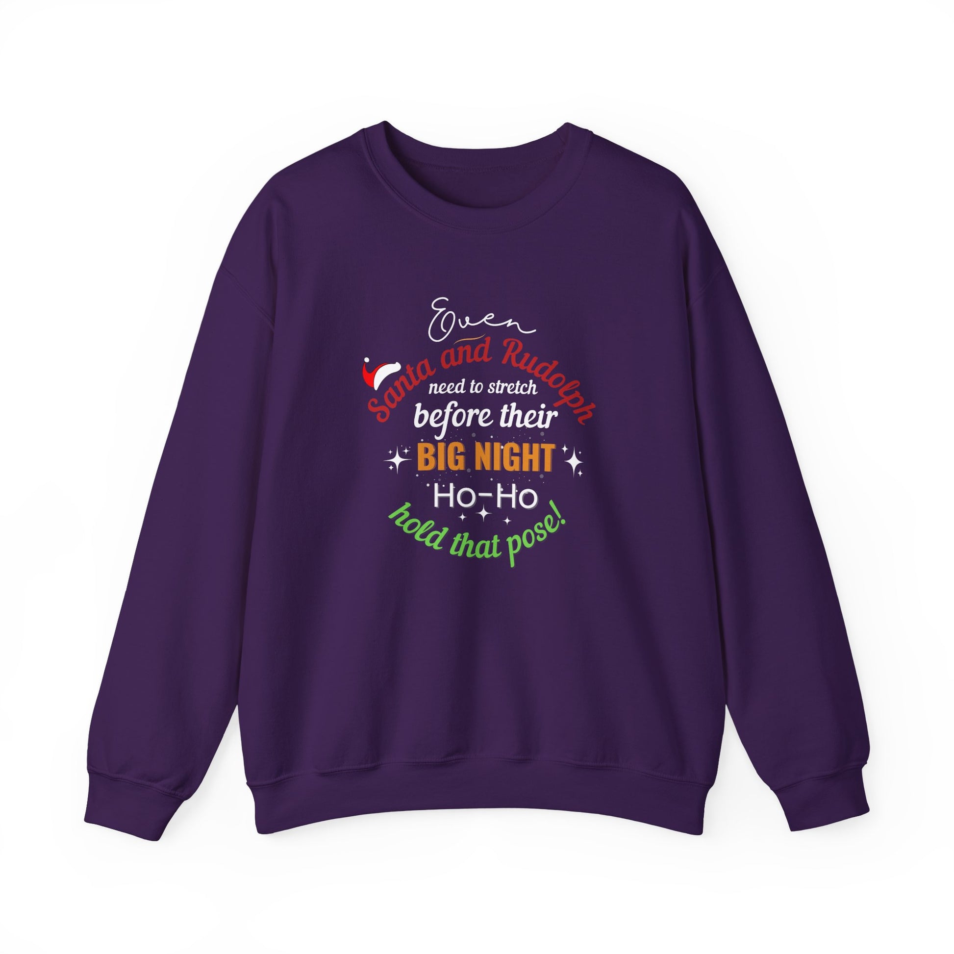 Purple sweatshirt with festive text design on a white background