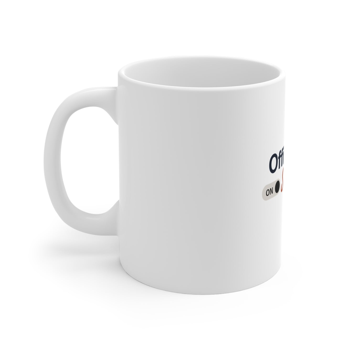left side of white mug with text 'Office Zen ON Sarcasm ON' on a white background