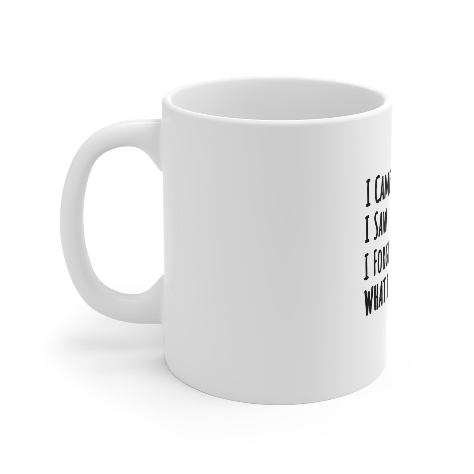 Left side of white mug with a pink brain graphic and text 'I came, I saw, I forgot what I was doing' on a white background