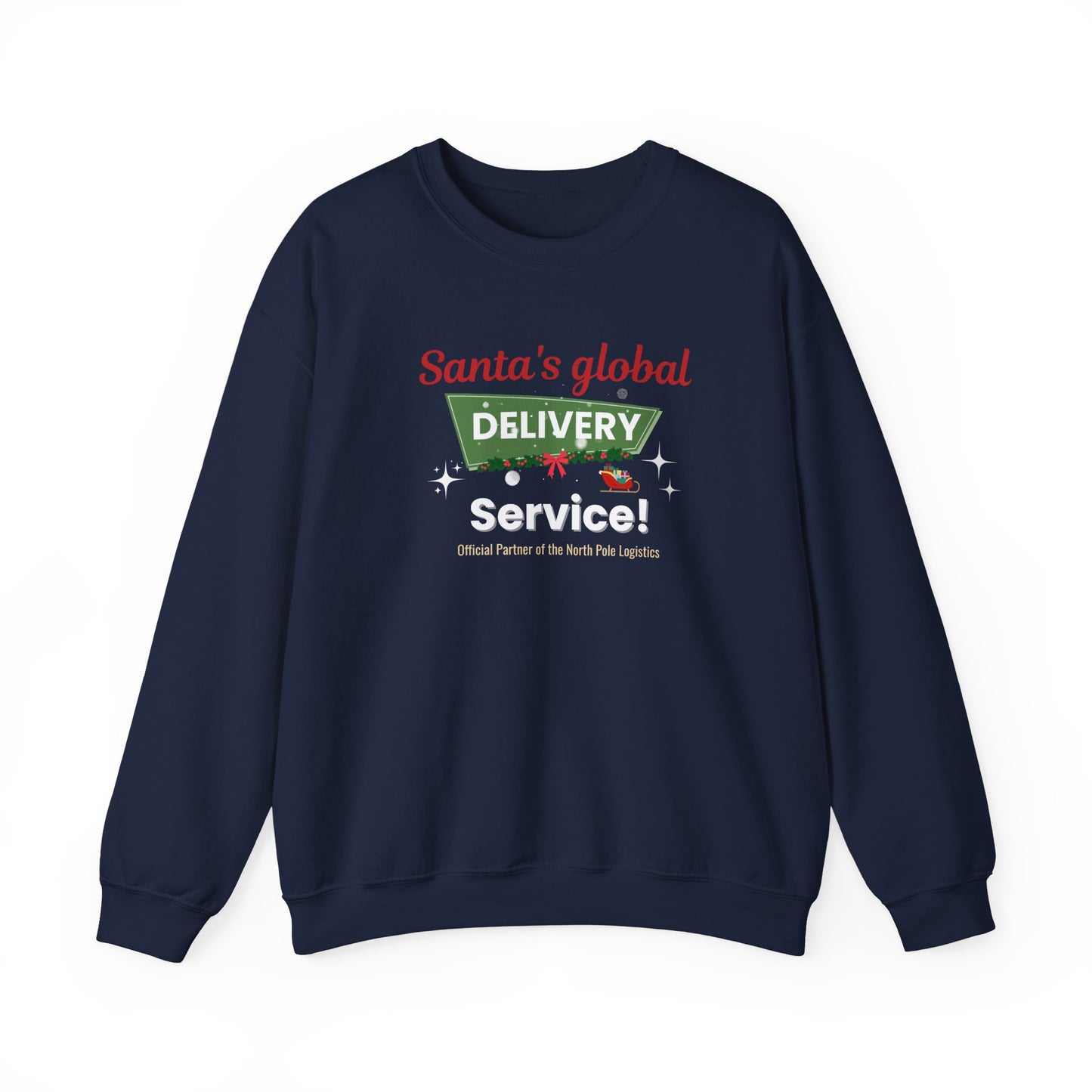 Navy blue sweatshirt with 'Santa's global delivery service' text and graphics on a white background