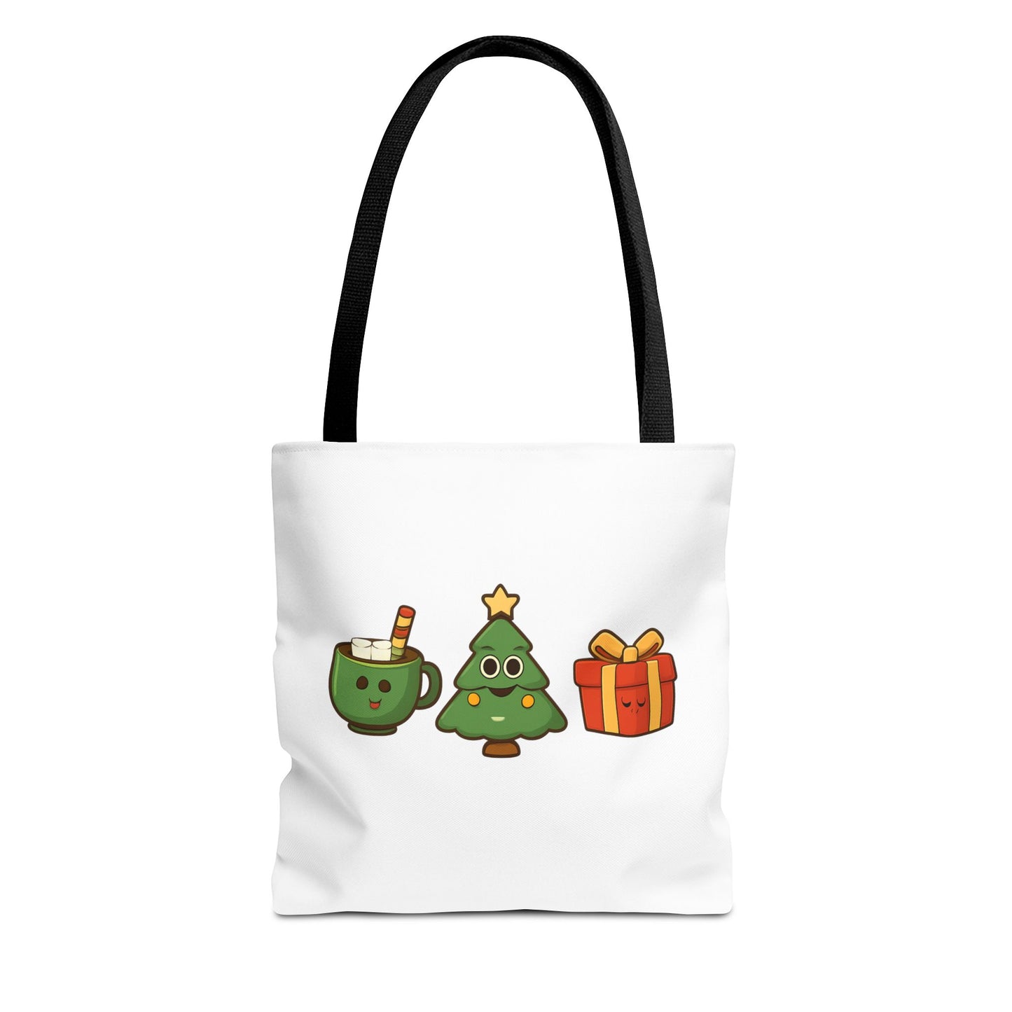 Tote bag with black handle and Christmas-themed illustrations on a white background