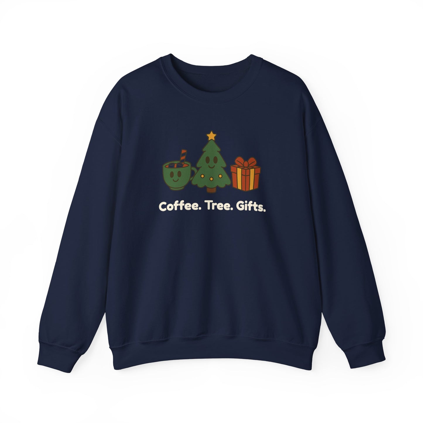 Navy blue sweatshirt with Christmas-themed graphics and text on a white background