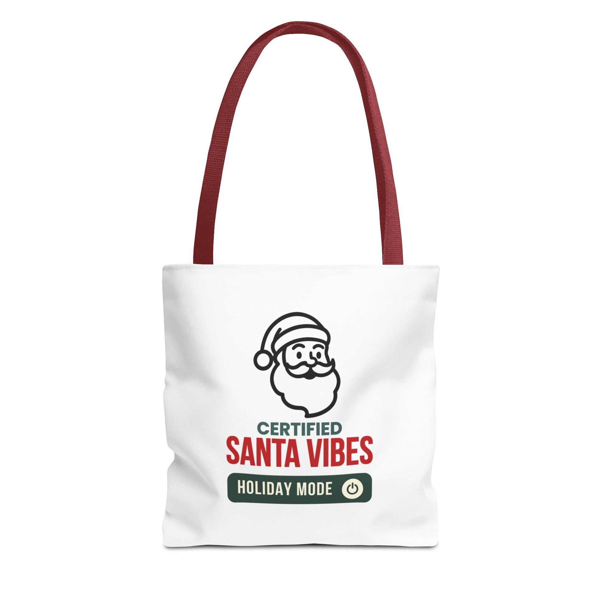 Tote bag with red handle and 'Certified Santa Vibes – Holiday Mode On' text on a white background