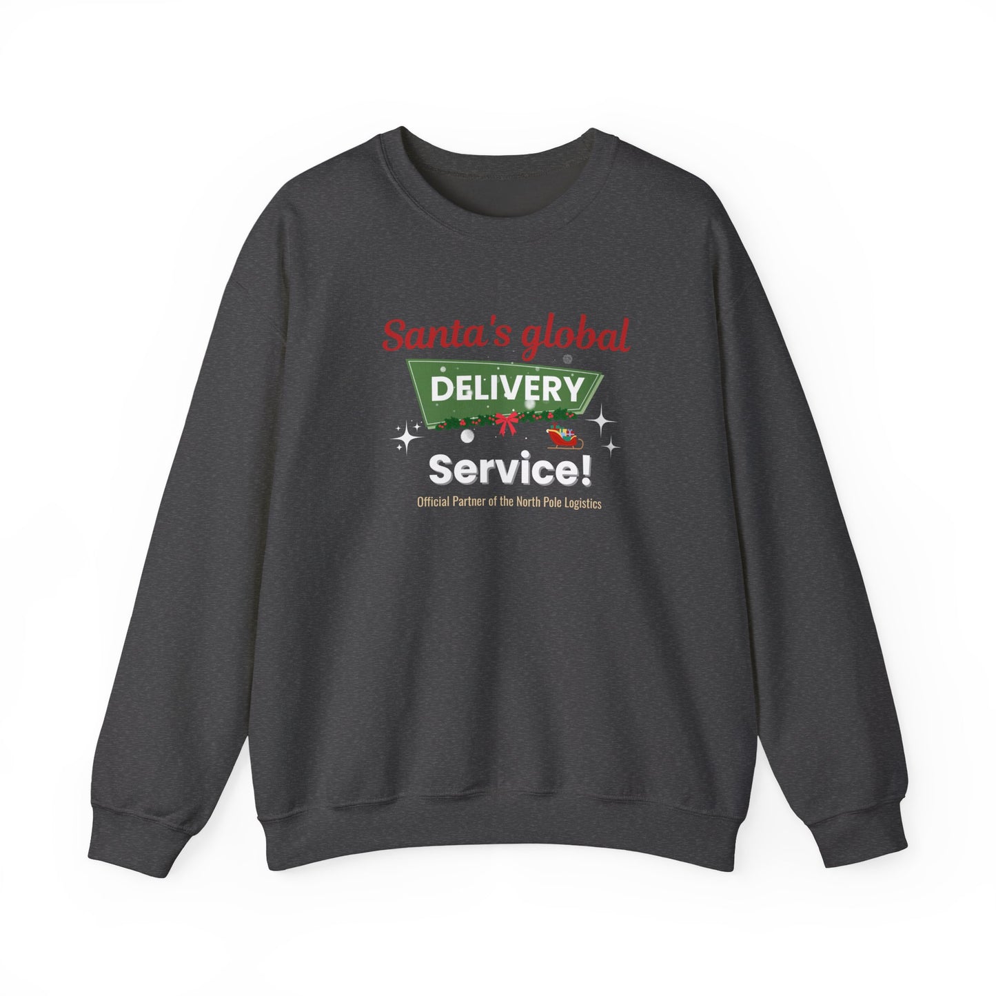 Dark gray sweatshirt with Christmas-themed text and graphics on a white background