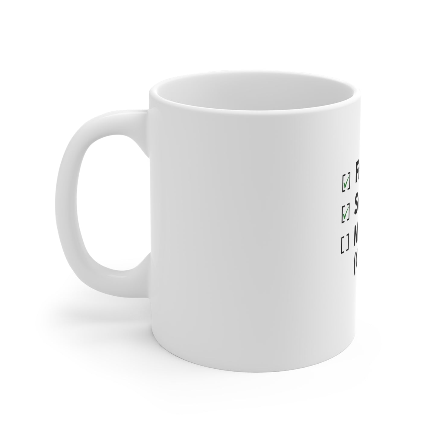 Left side of white mug with text design on a white background