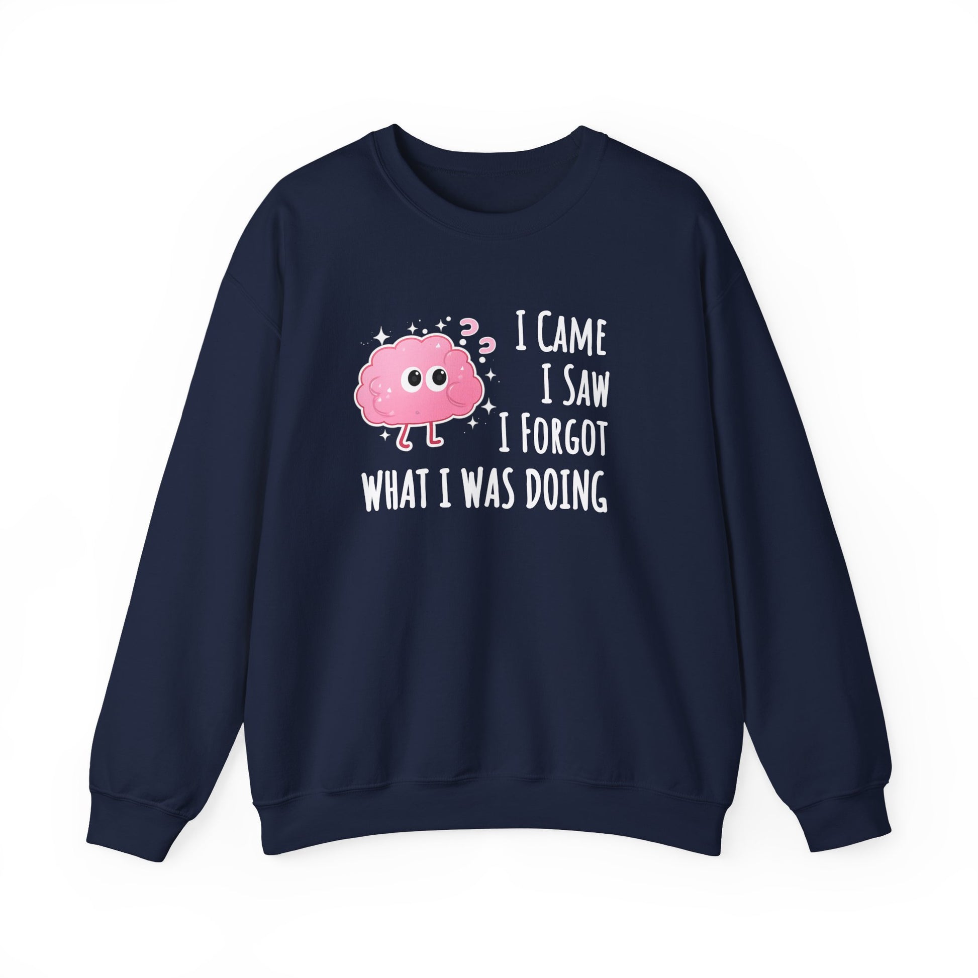 Navy sweatshirt with a pink brain graphic and text 'I came, I saw, I forgot what I was doing' on a white background