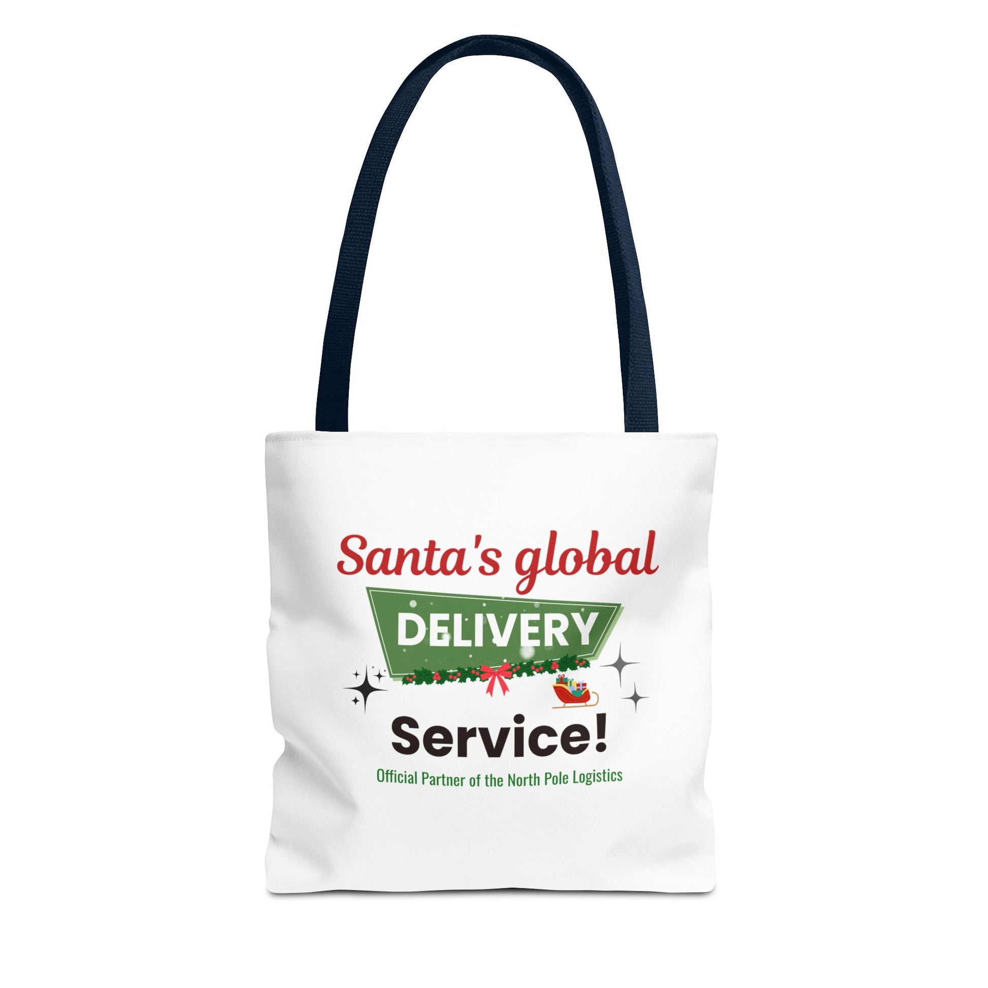 Tote bag with navy handle and 'Santa's global delivery service' text on a white background