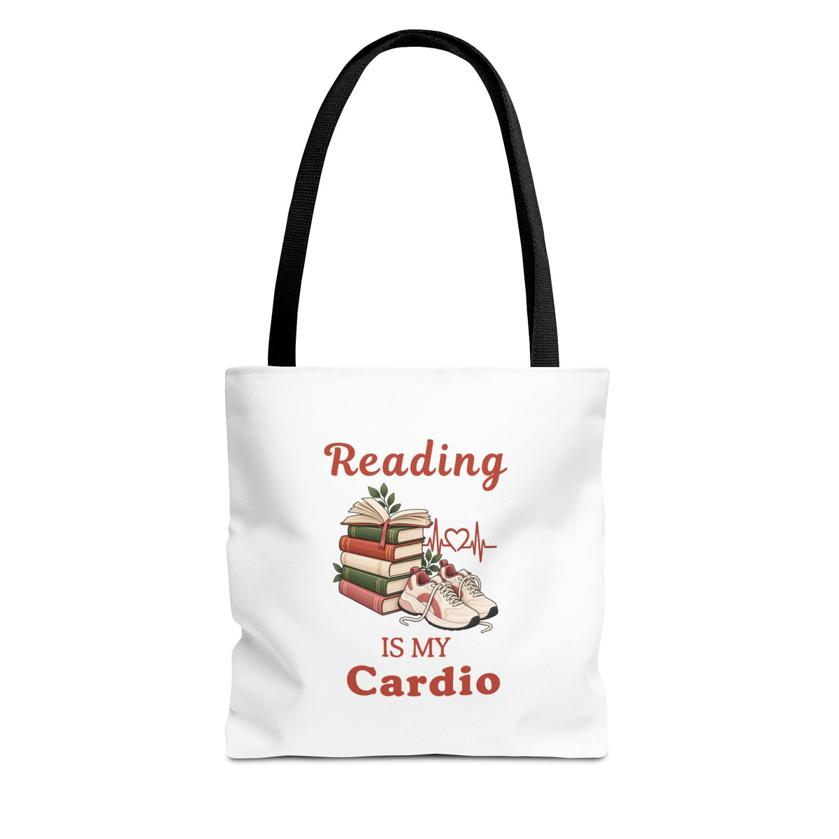 A white tote bag with black shoulder straps, featuring the text 'Reading IS MY Cardio' against on a white background